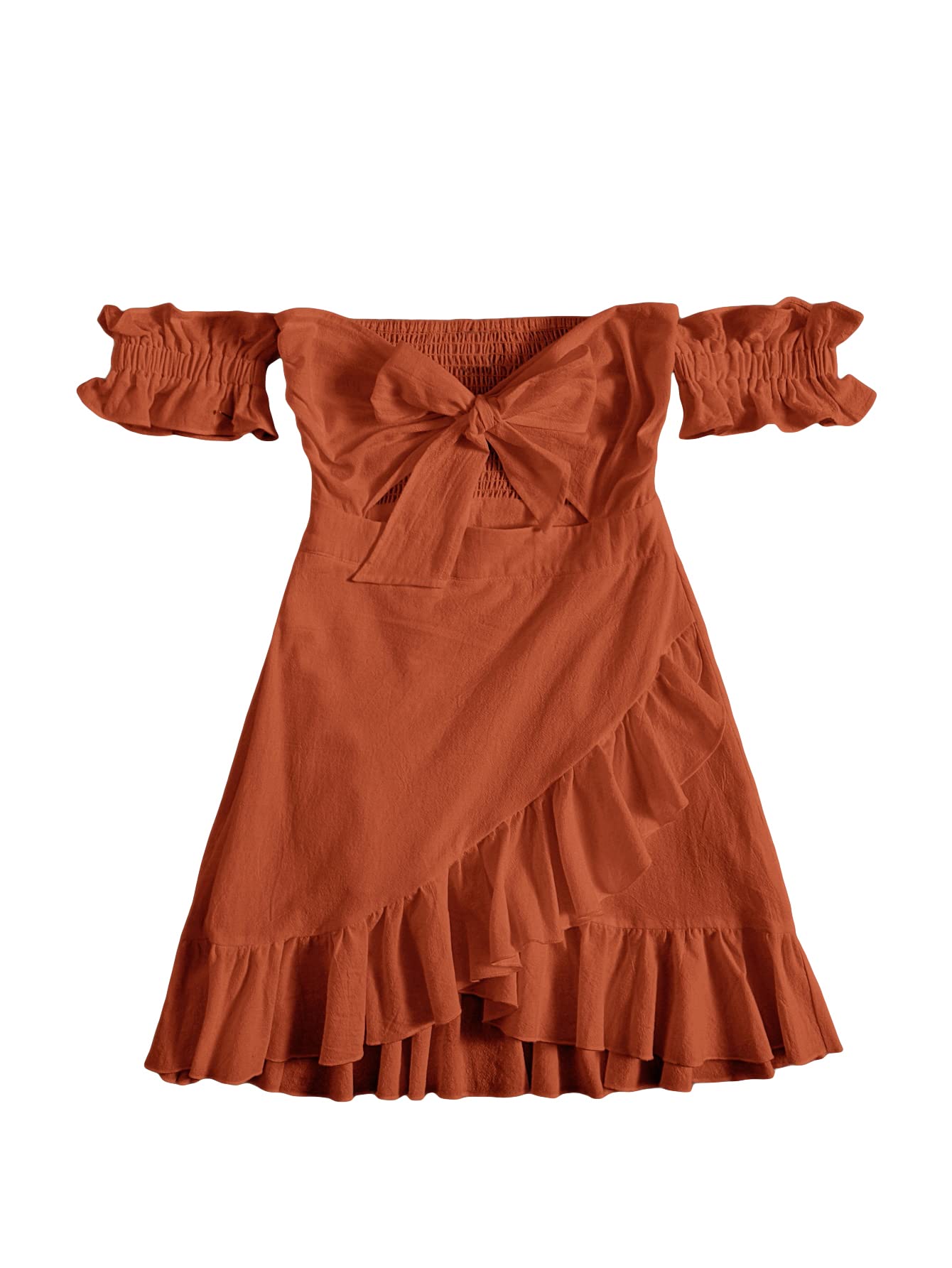 WDIRARA Women's Summer Off Shoulder Tie Front Wrap Dress with Ruffle Hem - Casual Short Sleeve Flowy Dress for Beach, Party, and Date Night Outfits