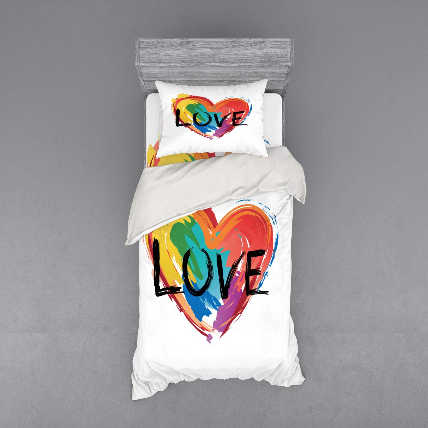 Ambesonne Rainbow Bedding Set - 3 Piece Duvet Cover with Sham & Fitted Sheet, Twin Size, Brush Painted Pride Heart LGBT Design on Plain Background - Perfect for Pride Month Decor, Teen Bedrooms & LGBTQ+ Themed Rooms
