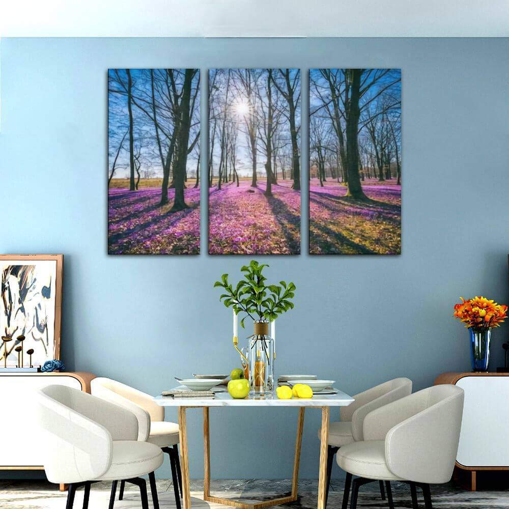 Sunny Flowering Forest with Wild Violet Crocus & Saffron Flowers Canvas Wall Art - 3 Panel Painting for Living Room & Bedroom Decor - Nature Inspired Home Wall Art - Perfect for Cozy Spaces & Modern Interiors