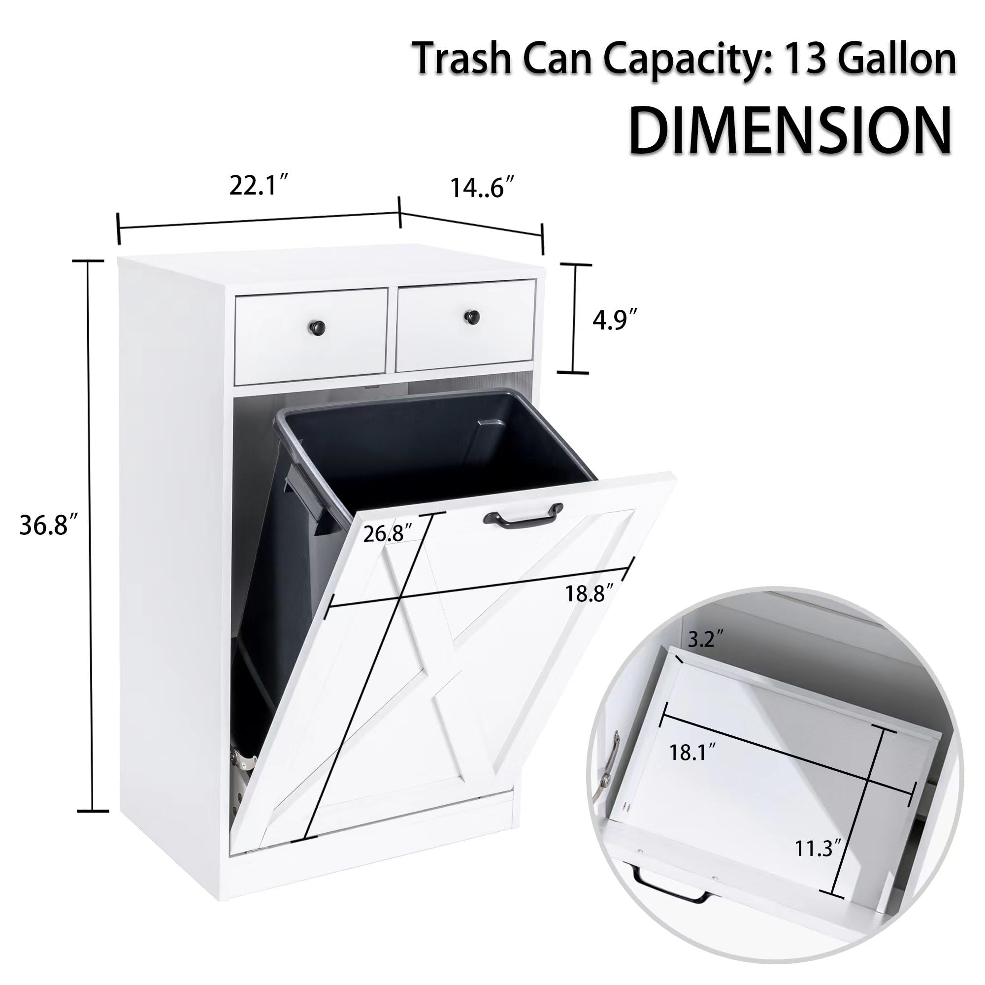 13 Gallon Tilt-Out Trash Cabinet with 2 Drawers - White Wooden Hidden Kitchen Recycling Storage - Free Standing Pet Proof Trash Can & Laundry Organizer - Perfect for Kitchens, Pantries & Utility Rooms
