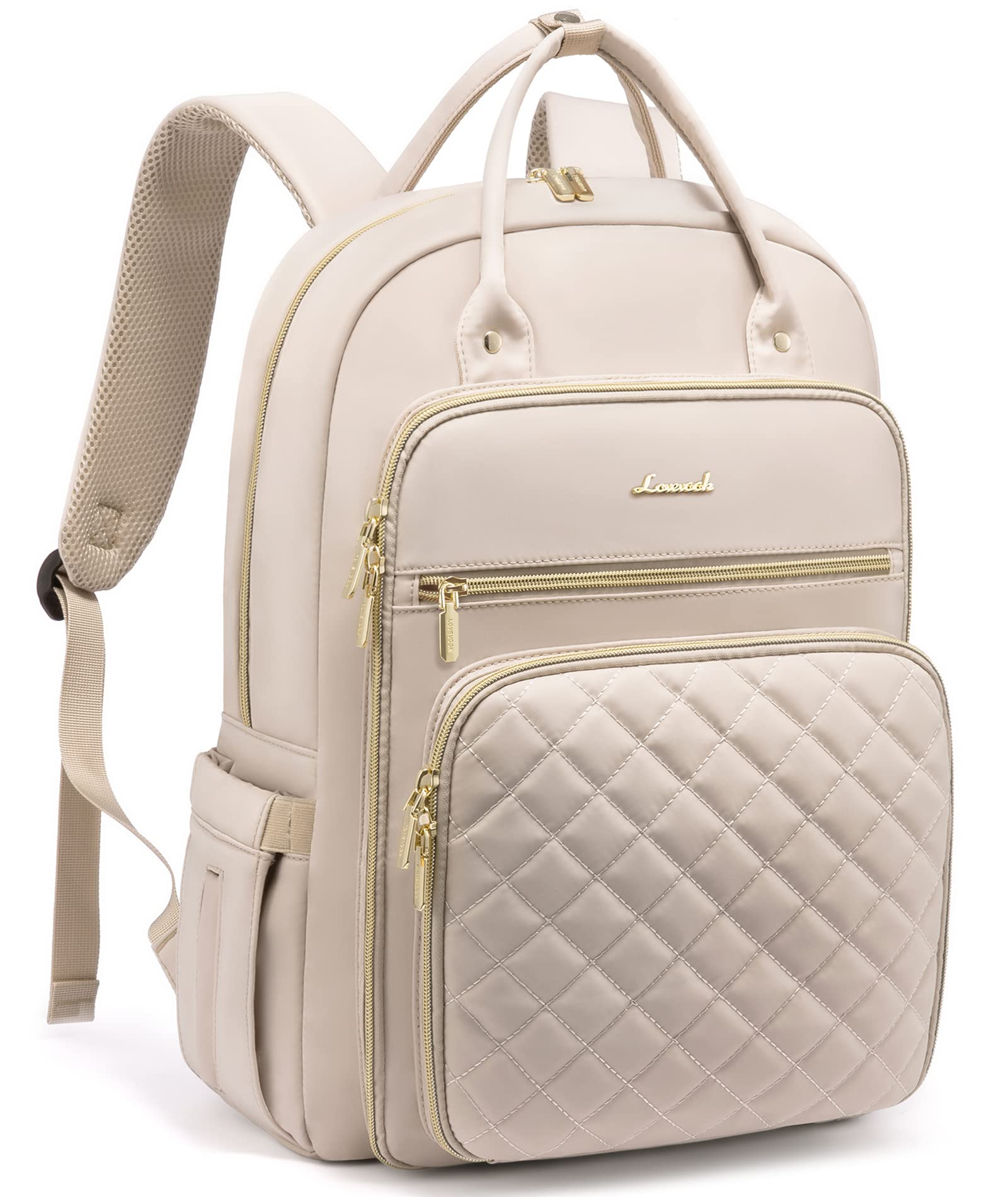 LOVEVOOK 15.6 Inch Laptop Backpack for Women - Water Resistant Lightweight Travel Work Backpack with USB Charging Port - Quilted Commuter Backpack Purse for Teacher, Nurse & Students - Perfect for Office, School & Business Travel - Beige