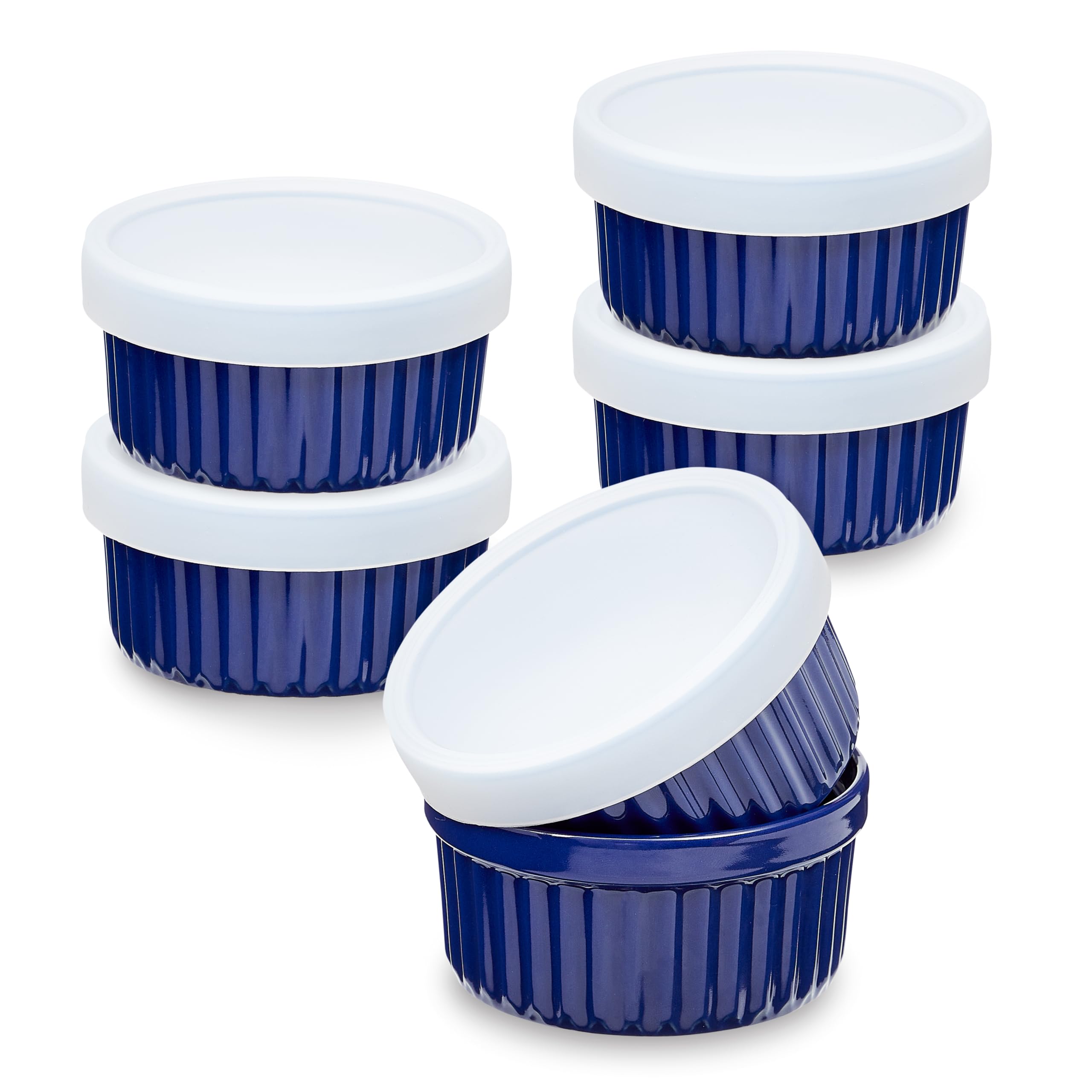 Sheffield Home 6-Piece Ceramic Ramekin Set (8oz) - Oven, Microwave & Dishwasher Safe Bowls with Silicone Lids - Perfect for Baking Creme Brulee, Souffle, Pudding & Desserts - Blue Kitchen Essentials for Home Bakers & Cooking Enthusiasts