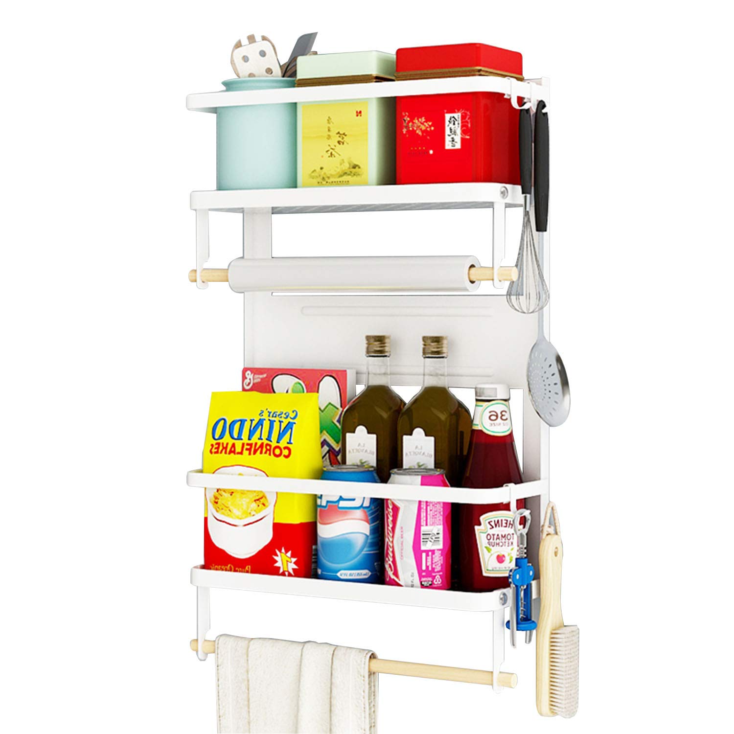 EASTTOWEST Magnetic Spice Rack - 4 Tier Kitchen Organizer with 2 Paper Towel Holders & 5 Removable Hooks - Matte White Refrigerator Storage Shelf for Spices, Condiments & Kitchen Essentials - Perfect for Small Spaces & Apartment Living