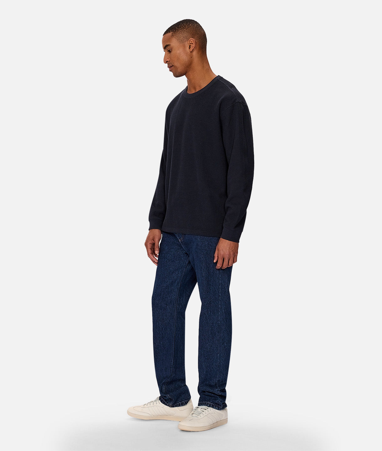 Pico Ribbed Long Sleeve T-Shirt for Women - Soft Cotton Crew Neck Top in Navy Blue - Size 24 - Perfect for Casual Wear, Layering & Everyday Outfits