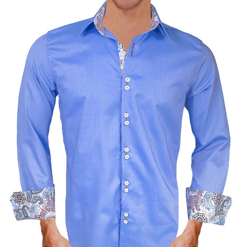 Premium Blue with White and Brown Paisley Pattern Men's Dress Shirts - 100% Cotton, Made in USA - Perfect for Business Meetings, Weddings & Formal Occasions