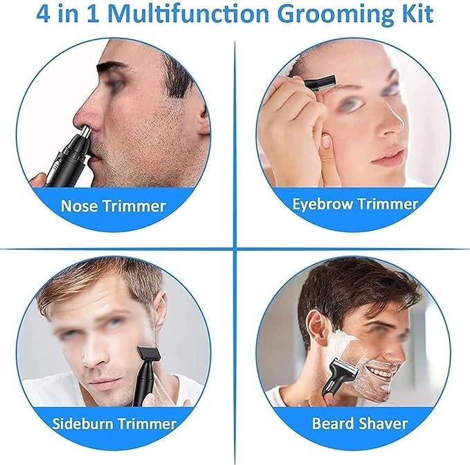 4 in 1 Nose and Ear Hair Trimmer for Men - USB Rechargeable, Waterproof, Dual Edge Blades for Easy Cleaning - Portable Grooming Kit for Travel, Home & Gym Use - Black