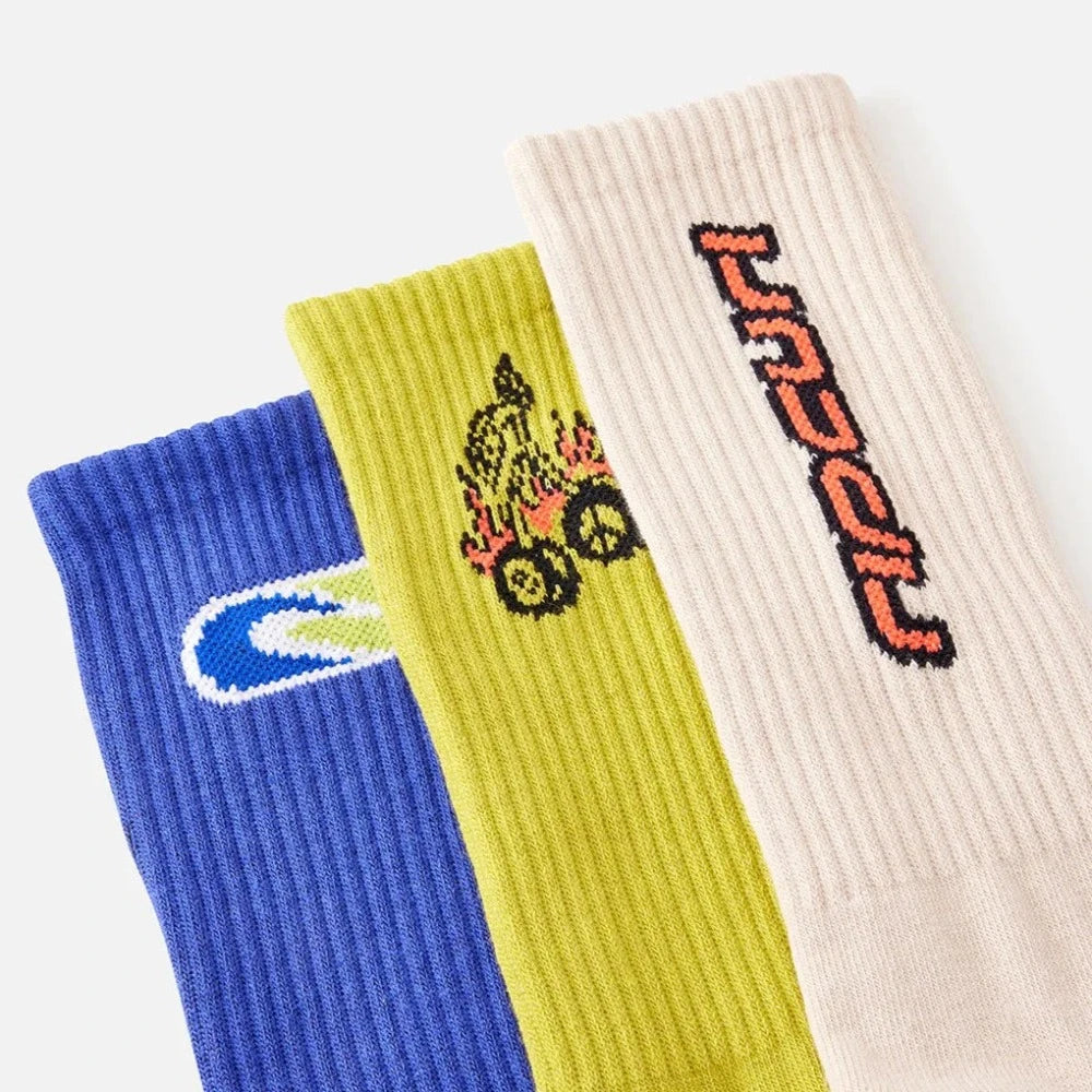 Rip Curl Men's Retro Crew Socks 3-Pack - Comfortable Casual & Athletic Socks for Surfing, Skateboarding & Everyday Wear