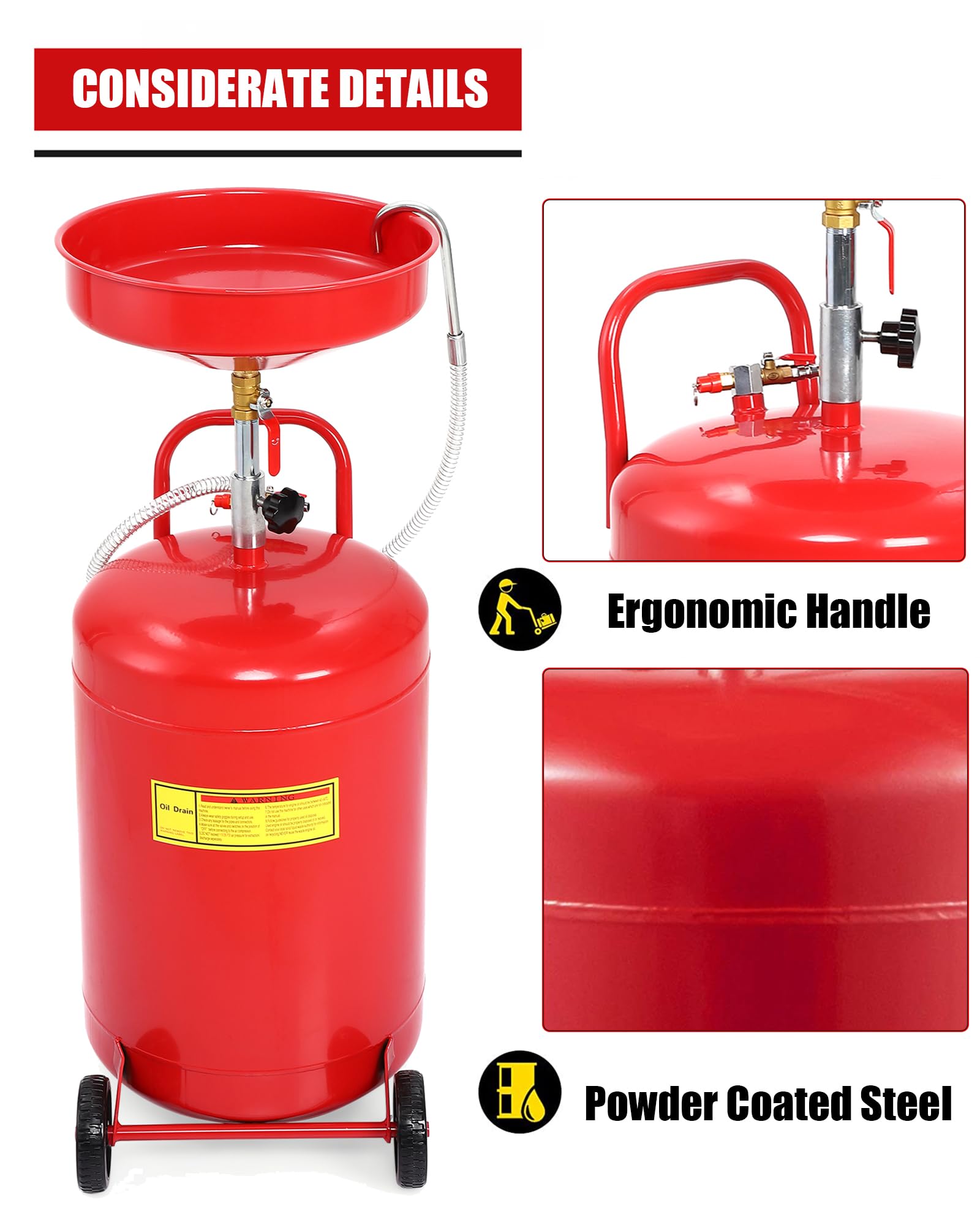 GARVEE 18 Gallon Portable Oil Drain Tank - Air Operated Waste Oil Container with Adjustable Funnel Height & Wheels for Easy Transport - Ideal for Car, Truck & SUV Oil Changes in Garages & Auto Shops