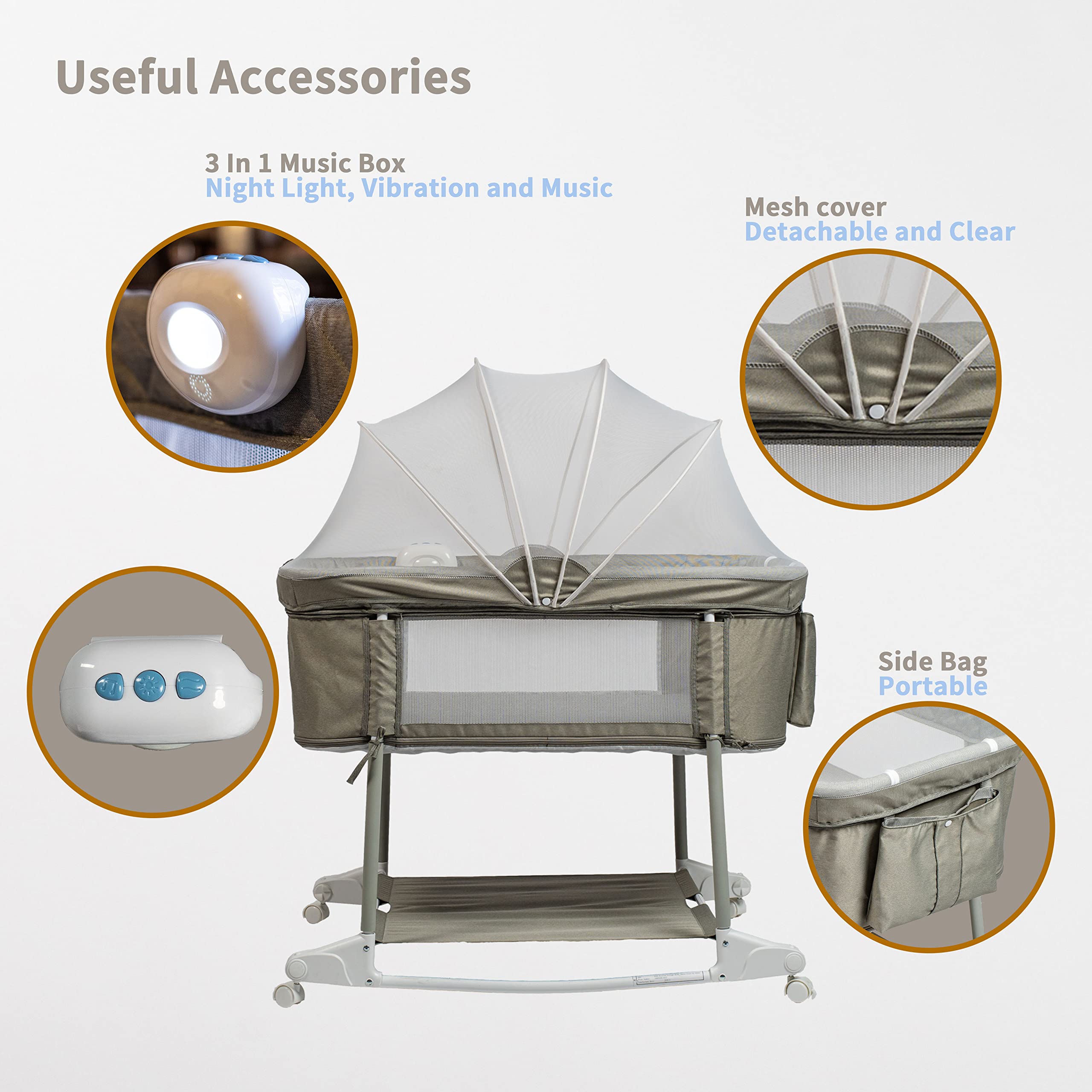 Portable 3-in-1 Baby Bassinet with Wheels - Breathable Mesh Bedside Sleeper, Rocking Crib & Playard with Mosquito Net, Night Light, Vibration & Music Box (Light Grey) - Perfect for Nursery, Bedroom & Travel