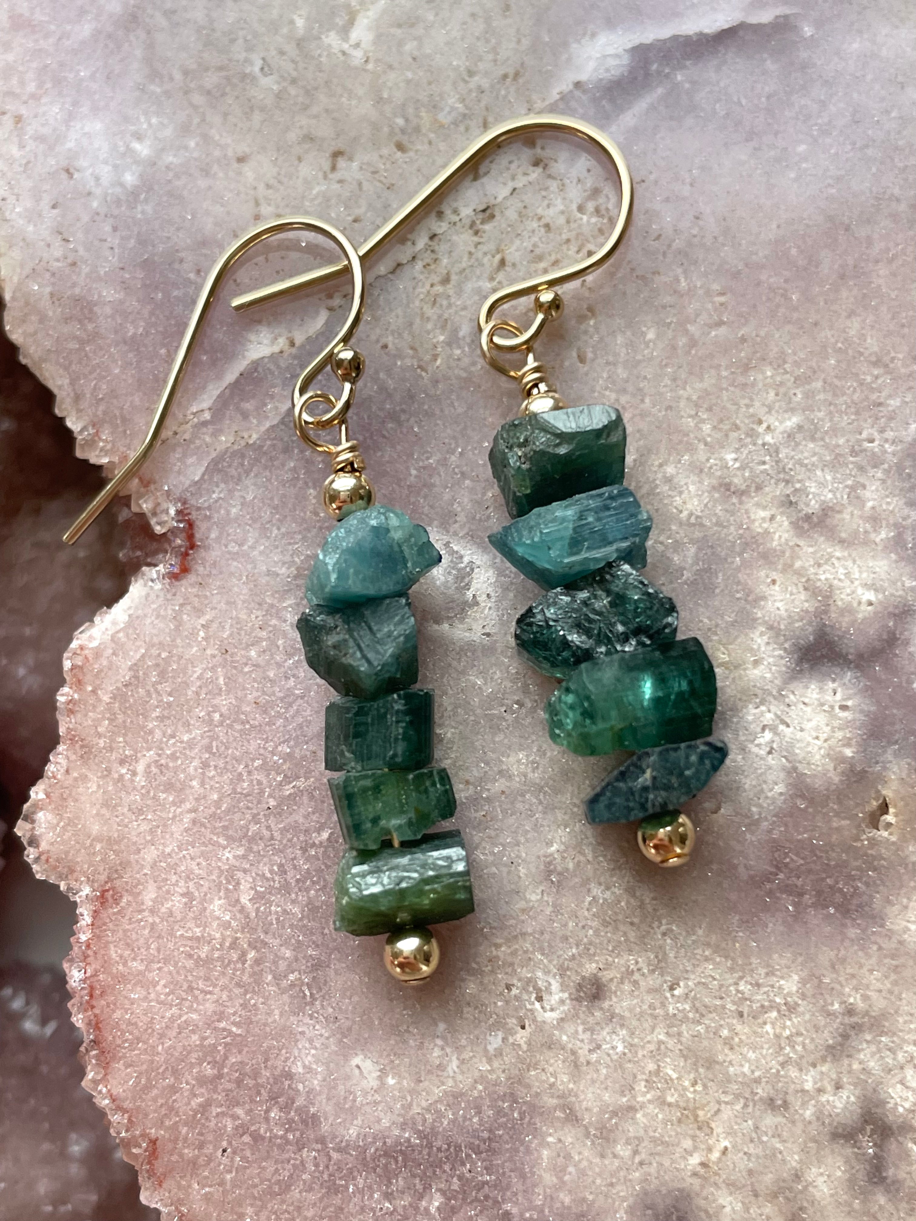 Natural Green Tourmaline Dangle Earrings - Raw Crystal Drop Earrings in 14K Gold for Women | Boho Chic Jewelry Gift for Birthday, Wedding & Everyday Wear
