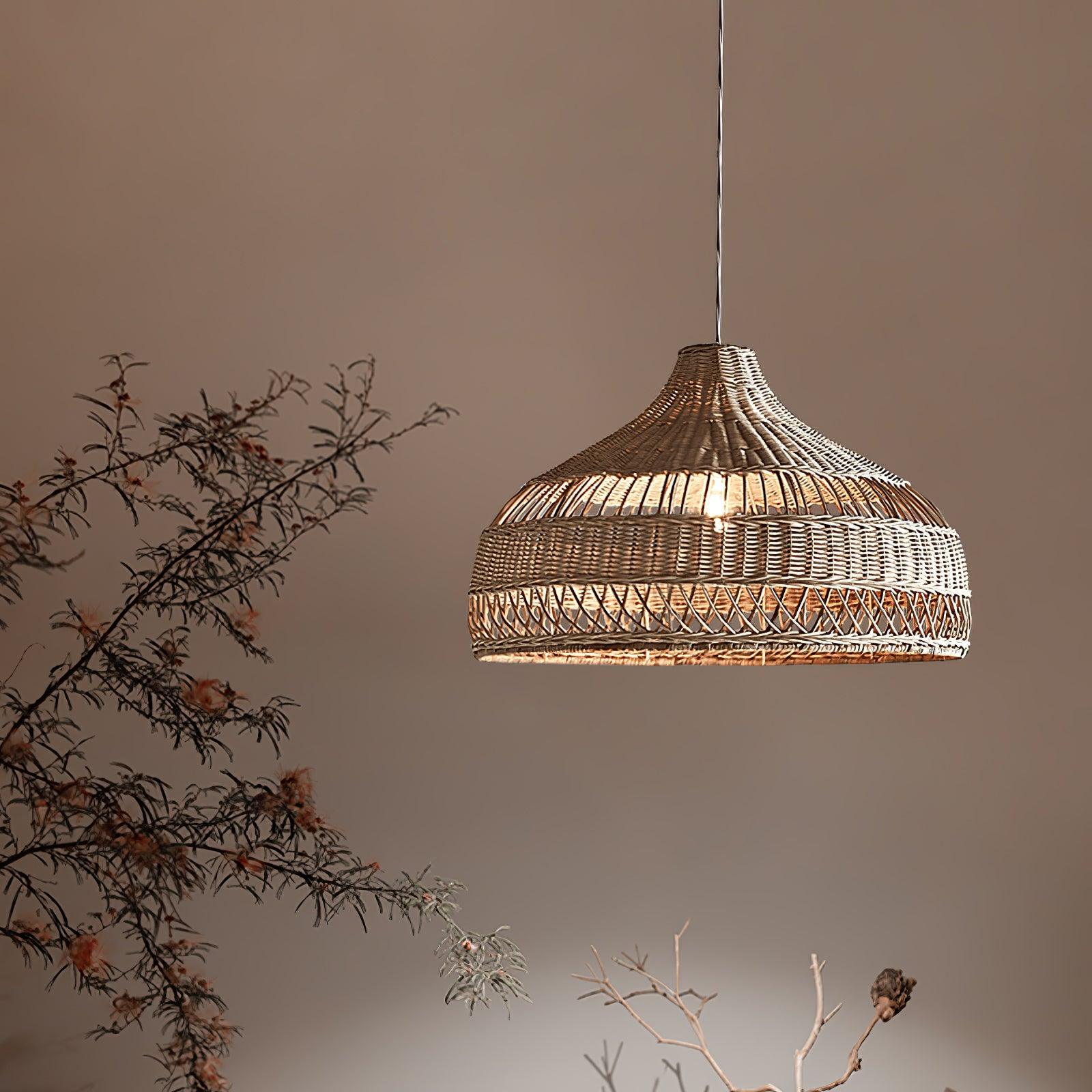 Handwoven Rattan Dome Pendant Light - Boho Chic Ceiling Fixture for Living Room, Bedroom & Dining Area
