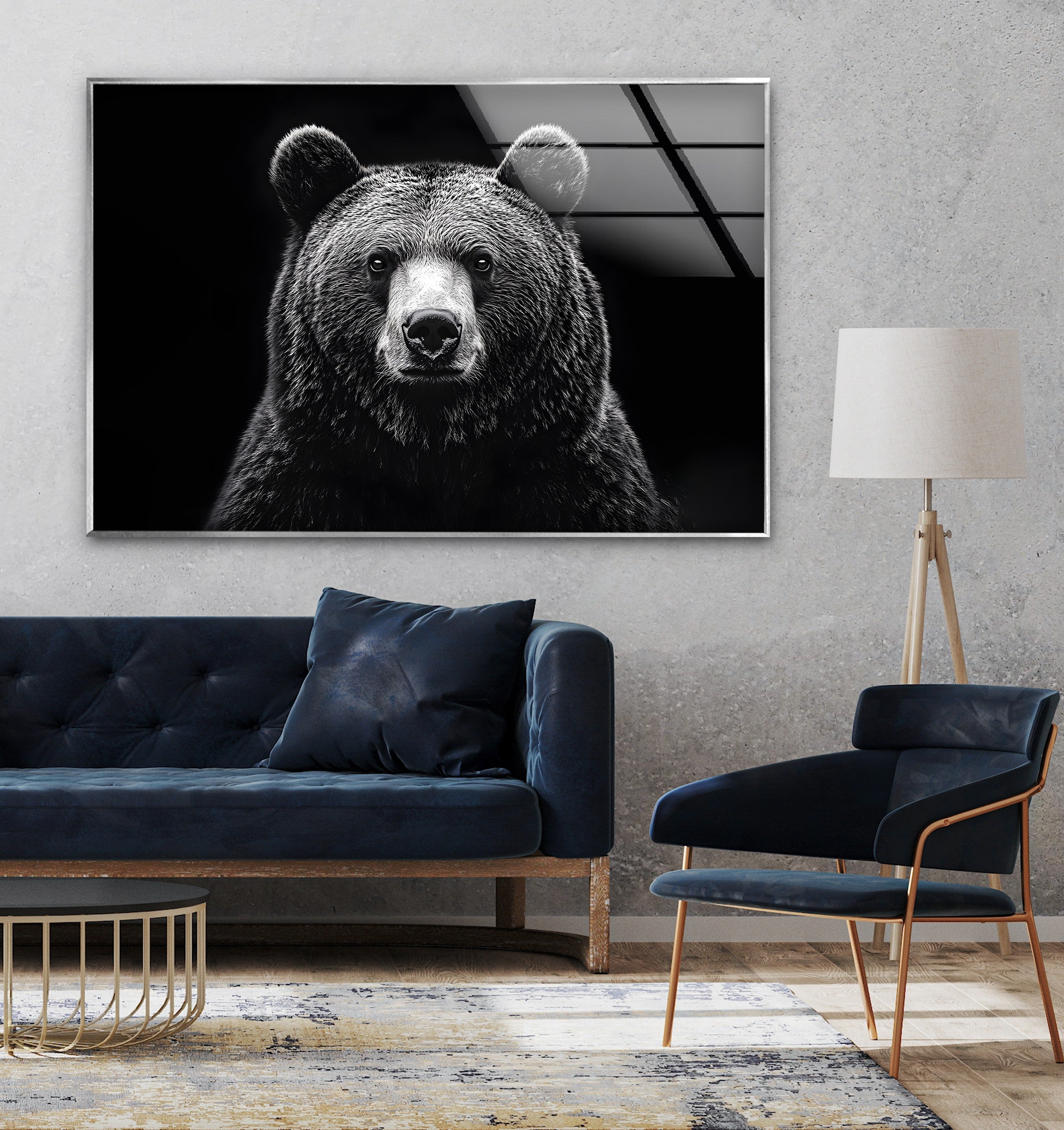 Black and White Bear Wall Art - Modern Animal Design on Glass for Living Room, Bedroom & Office Decor