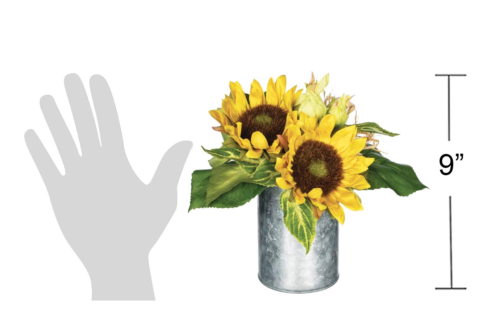 Artificial Sunflower Plants in Galvanized Metal Pot - 9 Inch Fake Potted Flowers for Home Decor, Office Desk, Wedding Centerpieces & Farmhouse Style Decorations