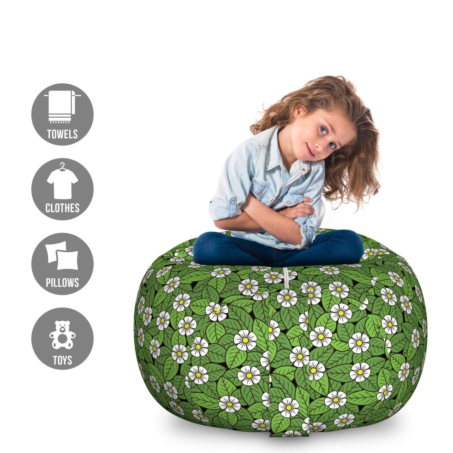 Ambesonne Floral Storage Toy Bag Chair - Large Washable Stuffed Animal Organizer with Blooming White Flowers & Leaves Design in Fern Green & White | Perfect for Kids' Room, Nursery, Playroom & Home Organization
