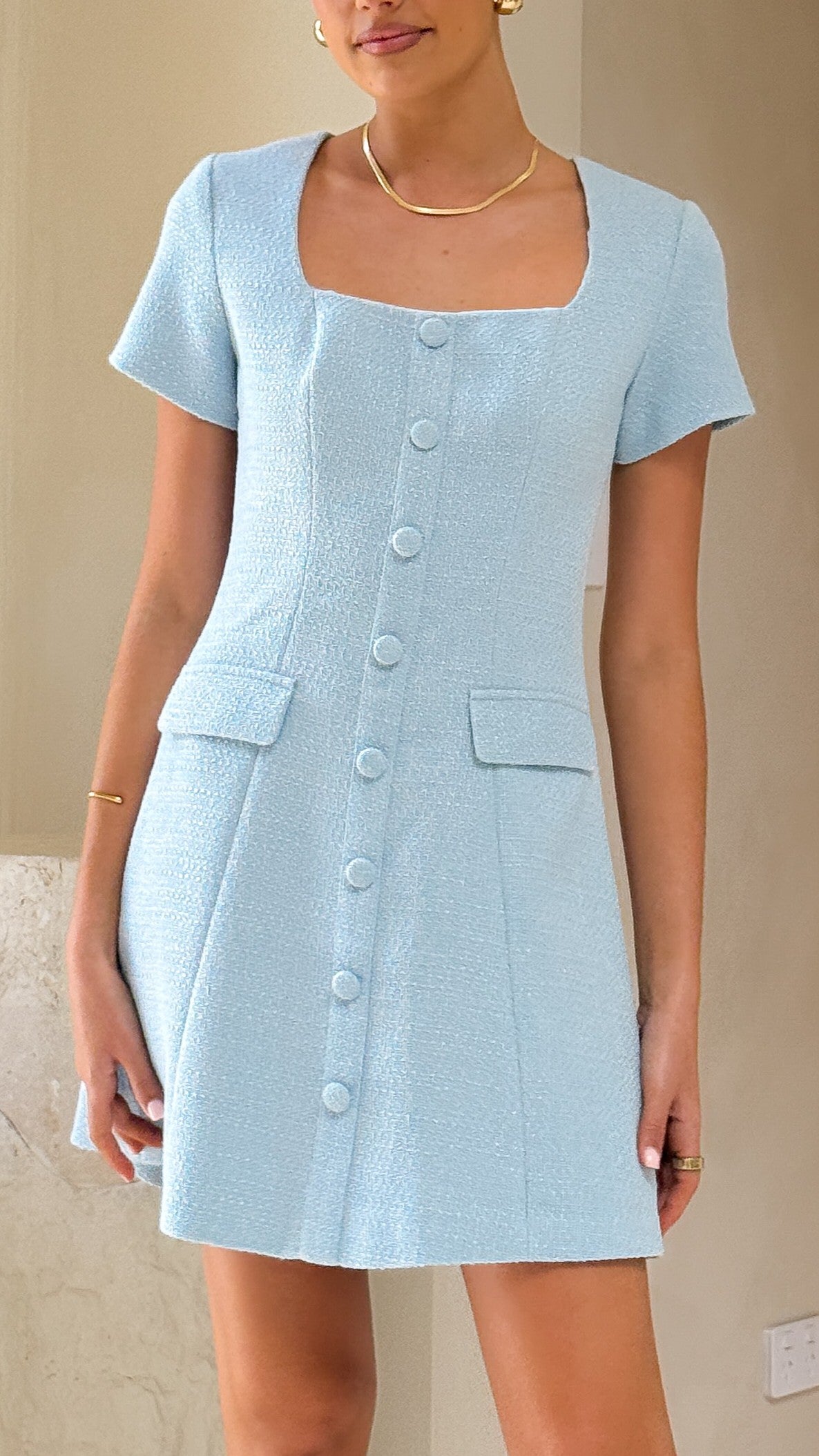 Karen Tweed Mini Dress for Women - Classic Blue A-Line Cocktail Party Dress | Perfect for Office, Date Night & Holiday Events