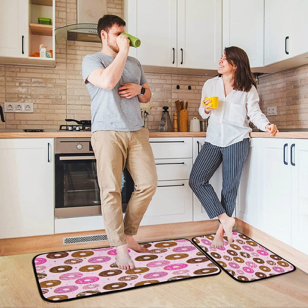 ALAZA Non-Slip Kitchen Floor Mats Set of 2 - 47x20 & 28x20 Inch Donut Pattern Absorbent Rugs for Kitchen, Dining Room, and Entryway - Anti-Fatigue Comfort for Cooking and Cleaning