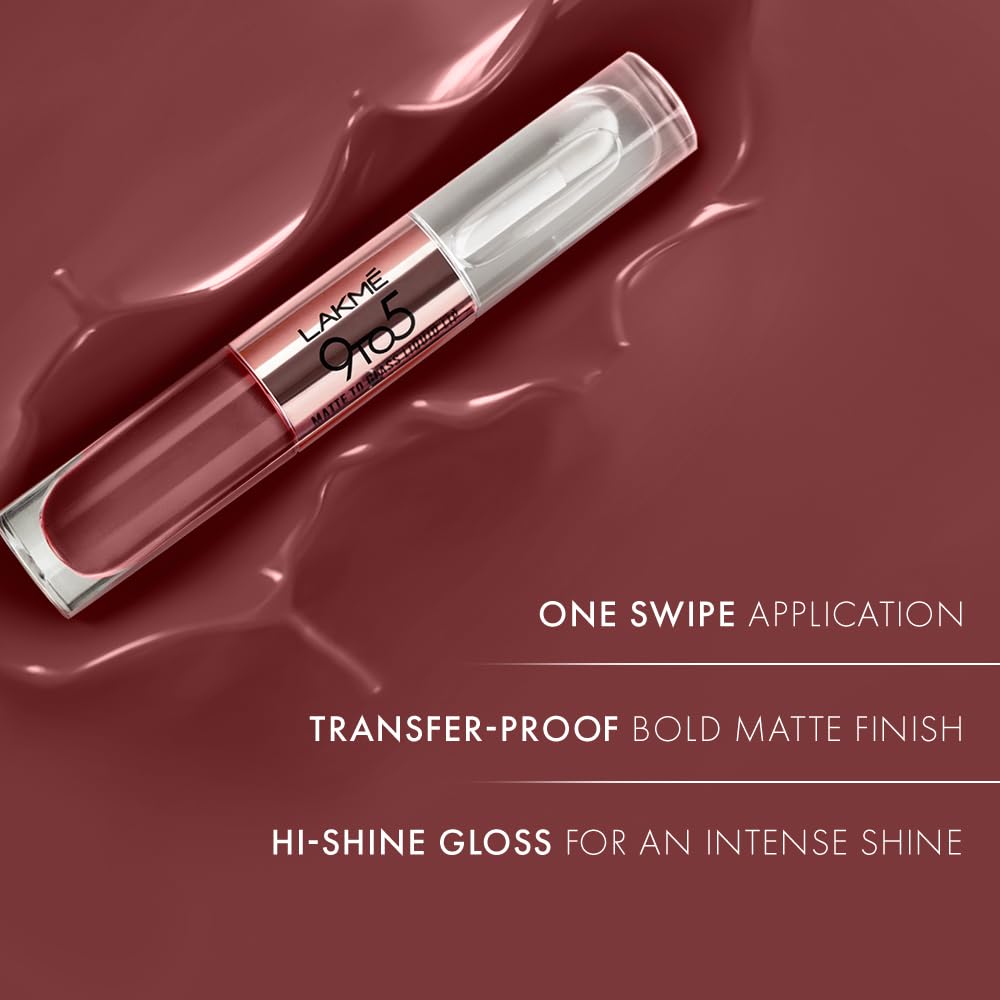 LAKMÉ 9 To 5 Matte To Glass Liquid Lipstick - Long Lasting Matte & Glossy Finish Lip Color for Day to Night Wear - Perfect for Office, Parties & Special Occasions