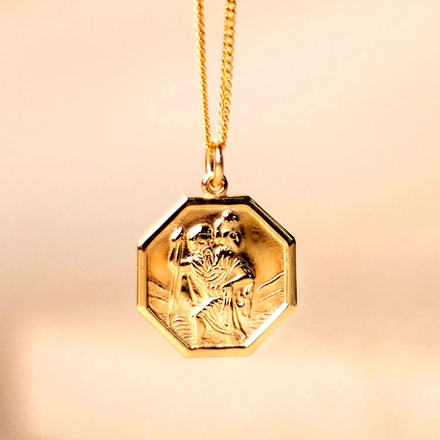 St. Christopher Necklace for Men - 14K Solid Gold Pendant with Custom Engraving - Religious Jewelry Gift for Travelers & Protection