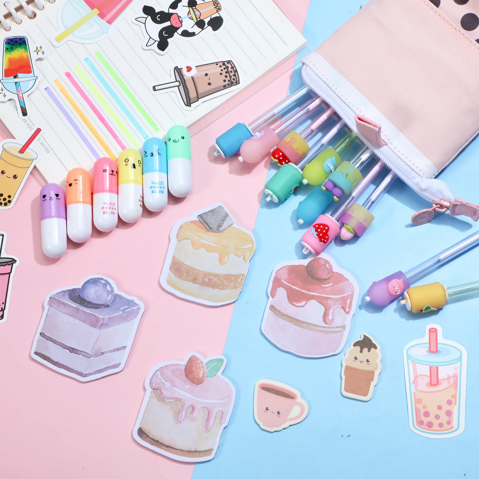 Sabary 228 Pcs Kawaii Stationery Set with Telescopic Boba Pencil Pouch, Gel Pens, Sticky Notes, Bubble Tea Stickers & Highlighters - Cute School & Office Supplies for Students, Back to School, Christmas Gifts (Vivid Colors)