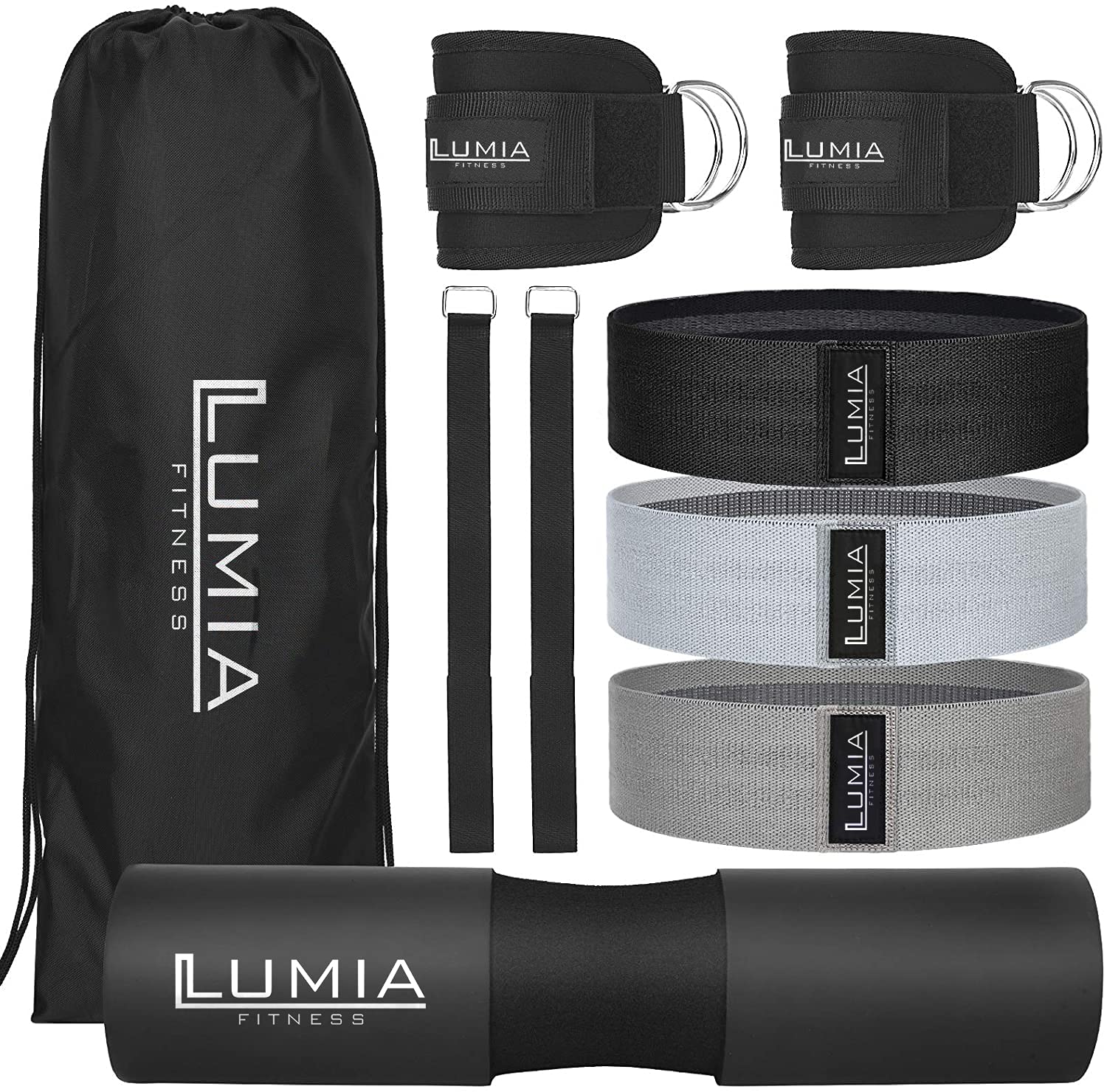 7-Piece Glute Workout Kit with Barbell Squat Pad, 3 Resistance Bands, 2 Ankle Straps & Carry Bag - Home & Gym Fitness Equipment for Men & Women - Perfect for Leg Day, Squats, Hip Thrusts & Butt Toning Exercises