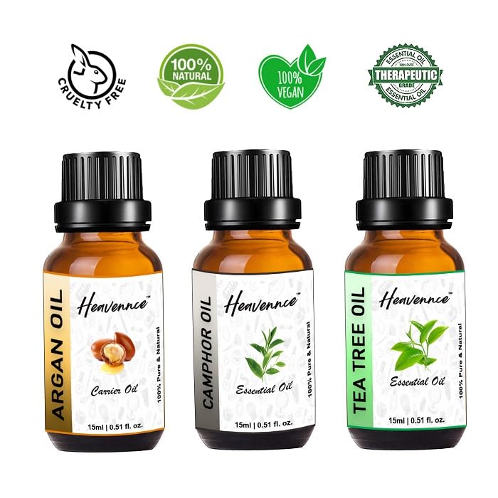 Premium Argan Oil, Camphor Oil & Tea Tree Oil Trio Set - Natural Hair Growth Serum, Skin Moisturizer & Anti-Aging Treatment | Aromatherapy Essential Oils for Relaxation & Deodorizing | Perfect for Daily Hair Care, Face Massage & Stress Relief (3-Pack)