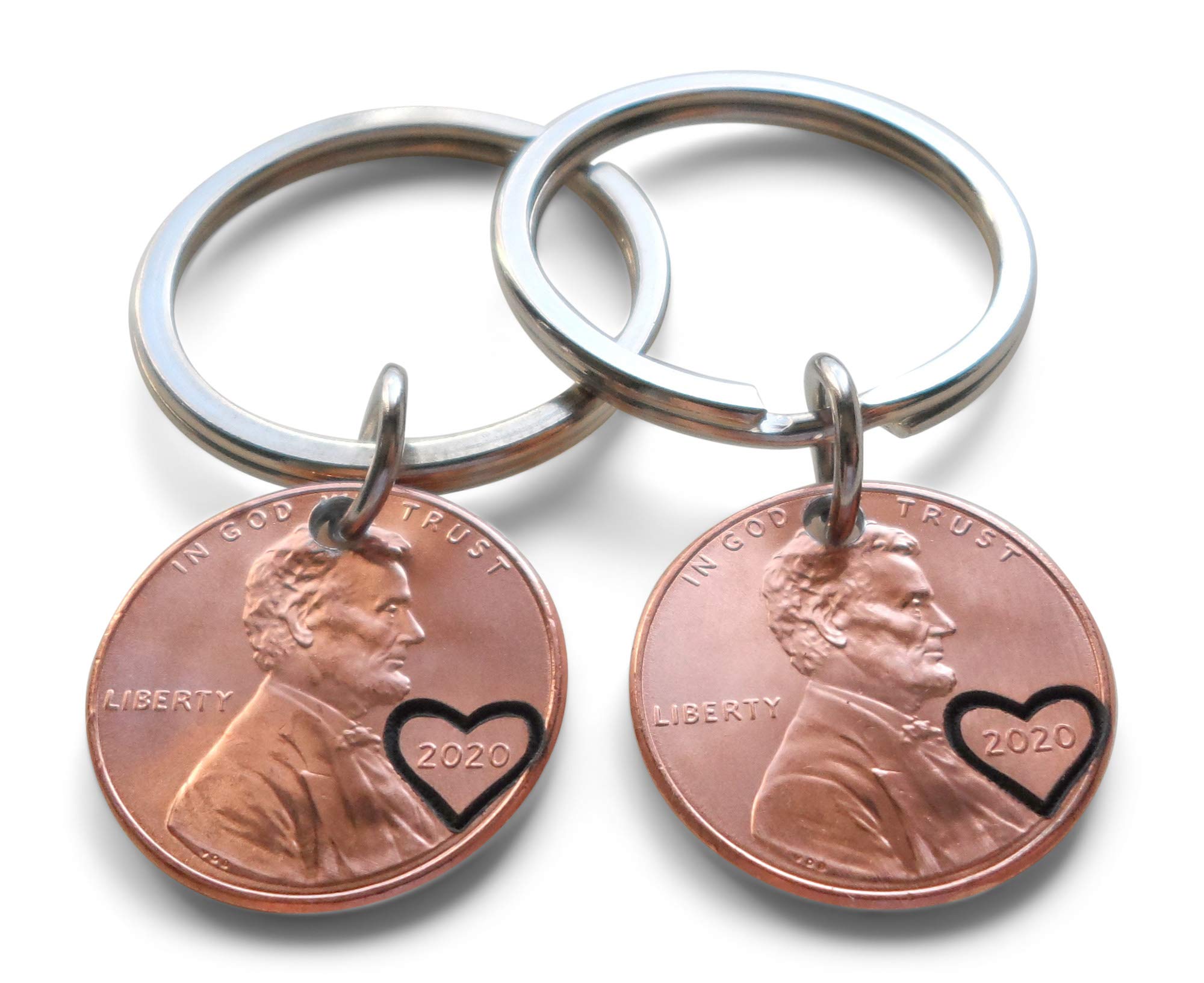 2020 US One Cent Double Heart Keychain Set - Commemorative Couples Keyrings for 5 Year Anniversary, Romantic Gifts for Him & Her - Perfect for Valentine's Day, Weddings and Relationship Milestones