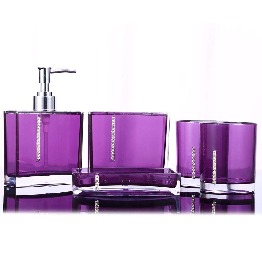 5-Piece Acrylic Bathroom Accessory Set - Soap Dish, Toothbrush Holder, Gargle Cup, Emulsion Bottle (Elegant Purple) - Perfect for Modern Bathrooms, Guest Suites & Spa Decor