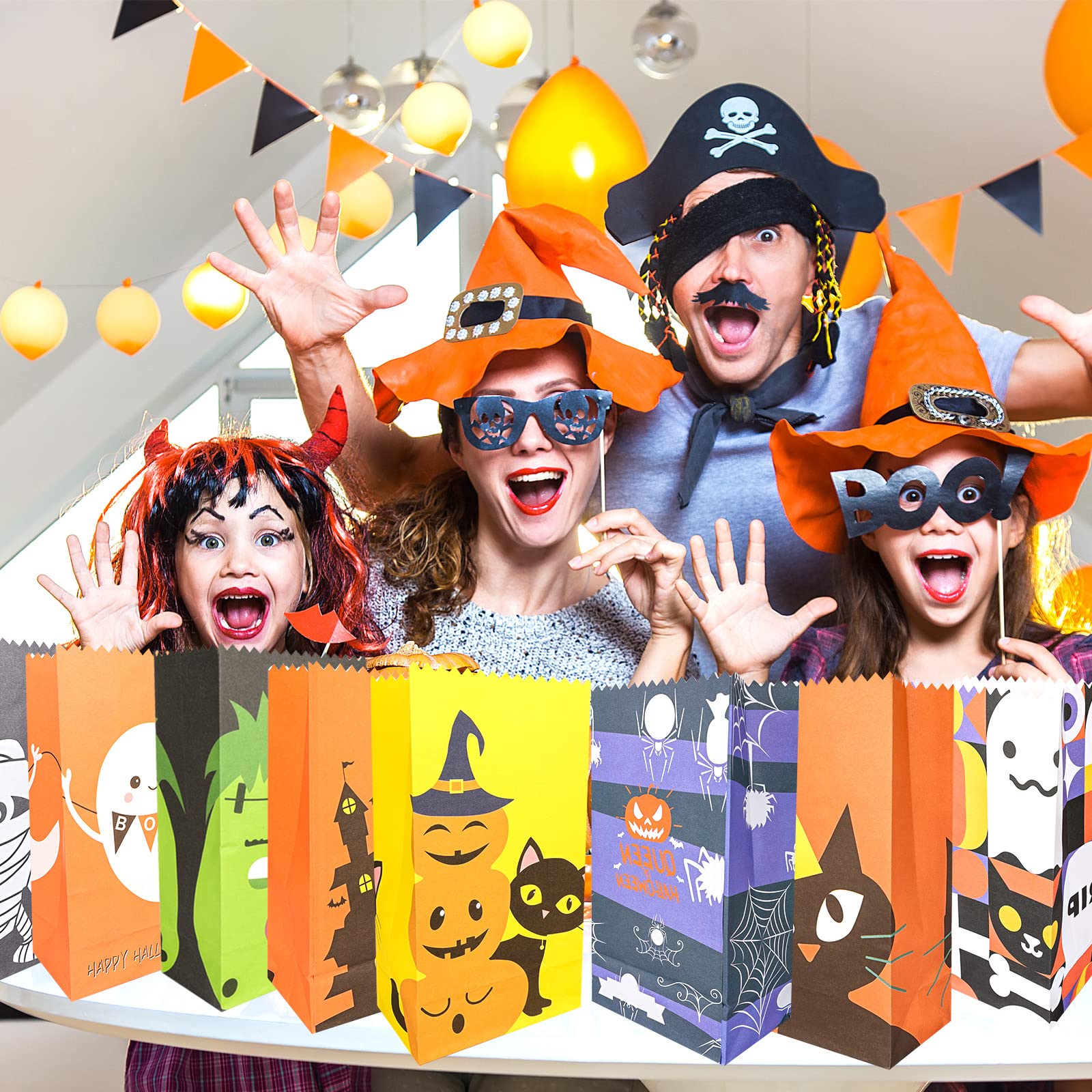 62 Pack Halloween Treat Bags with 72 Stickers - Cute Trick or Treat Candy Goodie Bags for Kids, Halloween Party Favors, Classroom Treats & Neighborhood Halloween Events