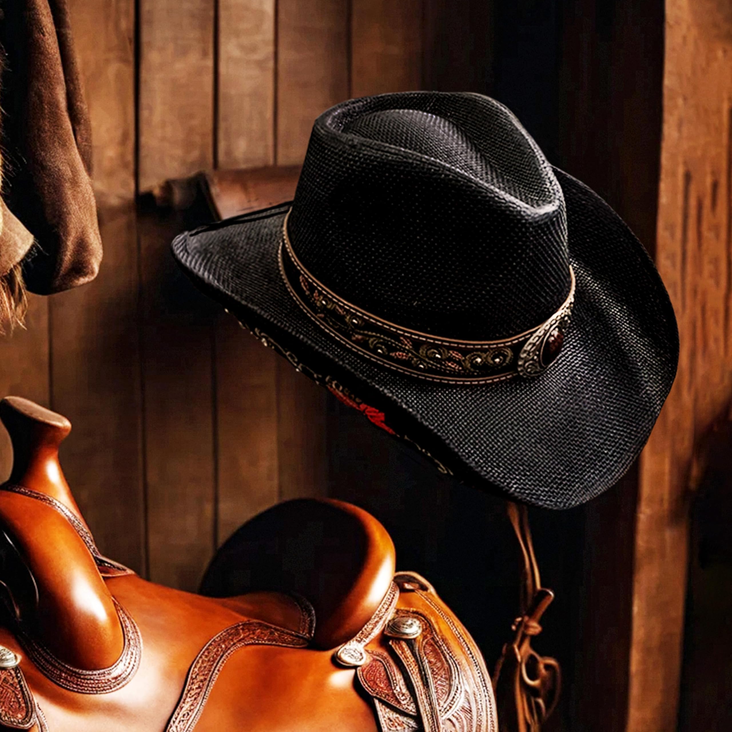 Stylish Straw Western Cowboy Hats for Women & Men - Embroidered Cowboy & Cowgirl Hat for Rodeo, Country Music Festivals & Outdoor Adventures