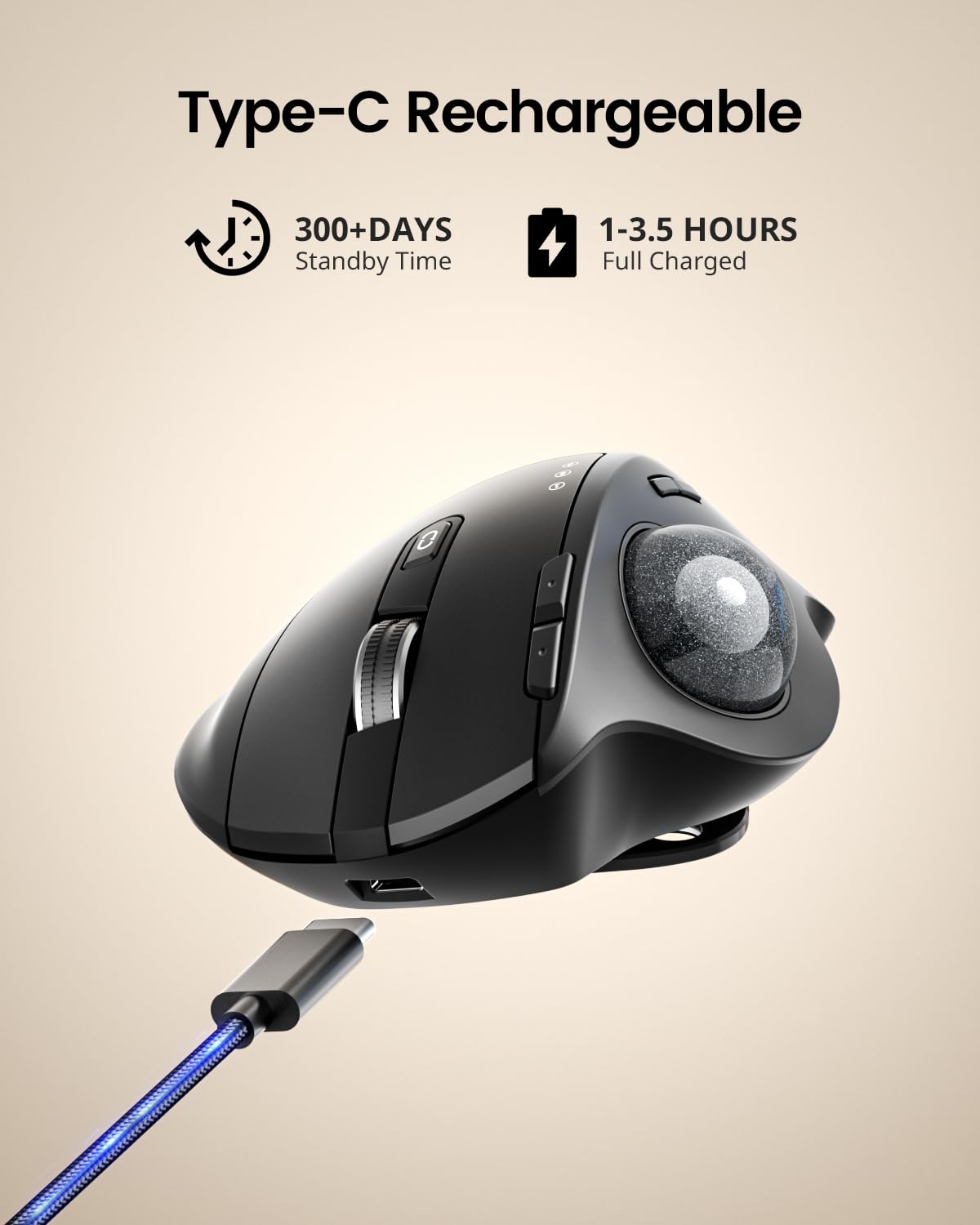 ProtoArc EM01 Wireless Ergonomic Trackball Mouse - Bluetooth Rechargeable Thumb Control Mouse with Adjustable Angle & 3-Device Connectivity for PC, Mac, Windows (Gray) - Perfect for Office Work, Graphic Design & Gaming
