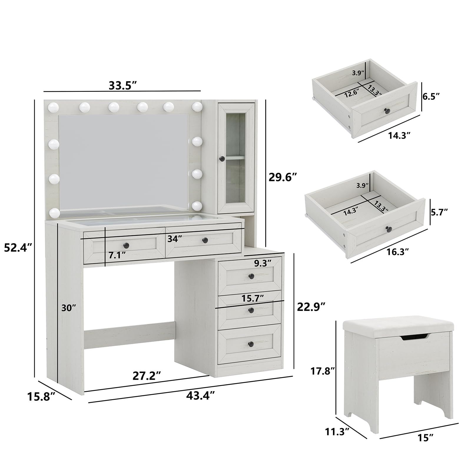 Farmhouse Vanity Mirror with LED Lights - Large Makeup Dressing Table Set with Glass Top, Built-in Charging Station & Power Outlet, 3 Adjustable Lighting Modes - Perfect for Bedroom, Bathroom or Dressing Room (White)