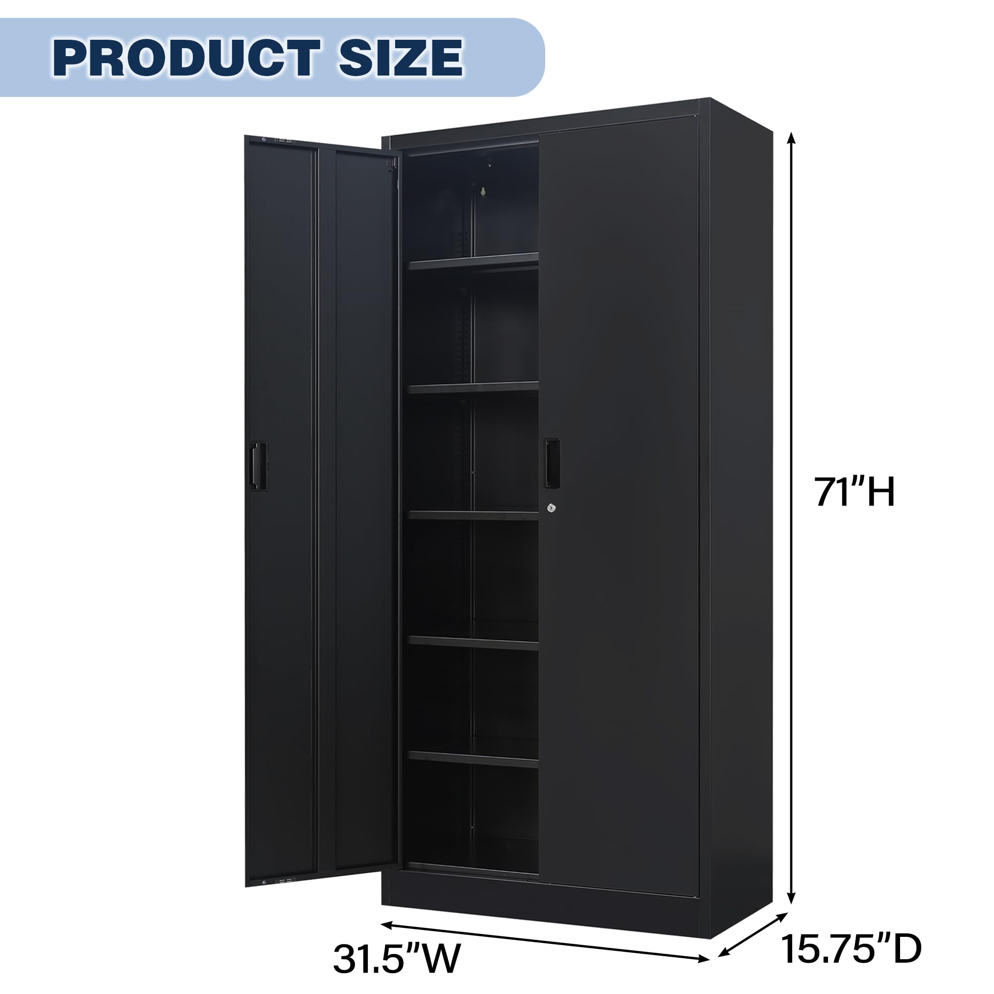 BESFUR 5-Shelf Metal Storage Cabinet with Adjustable Shelves & Locking Doors - Heavy Duty Garage, Office, Classroom Organizer (Black) - Perfect for Tools, Supplies & Equipment Storage