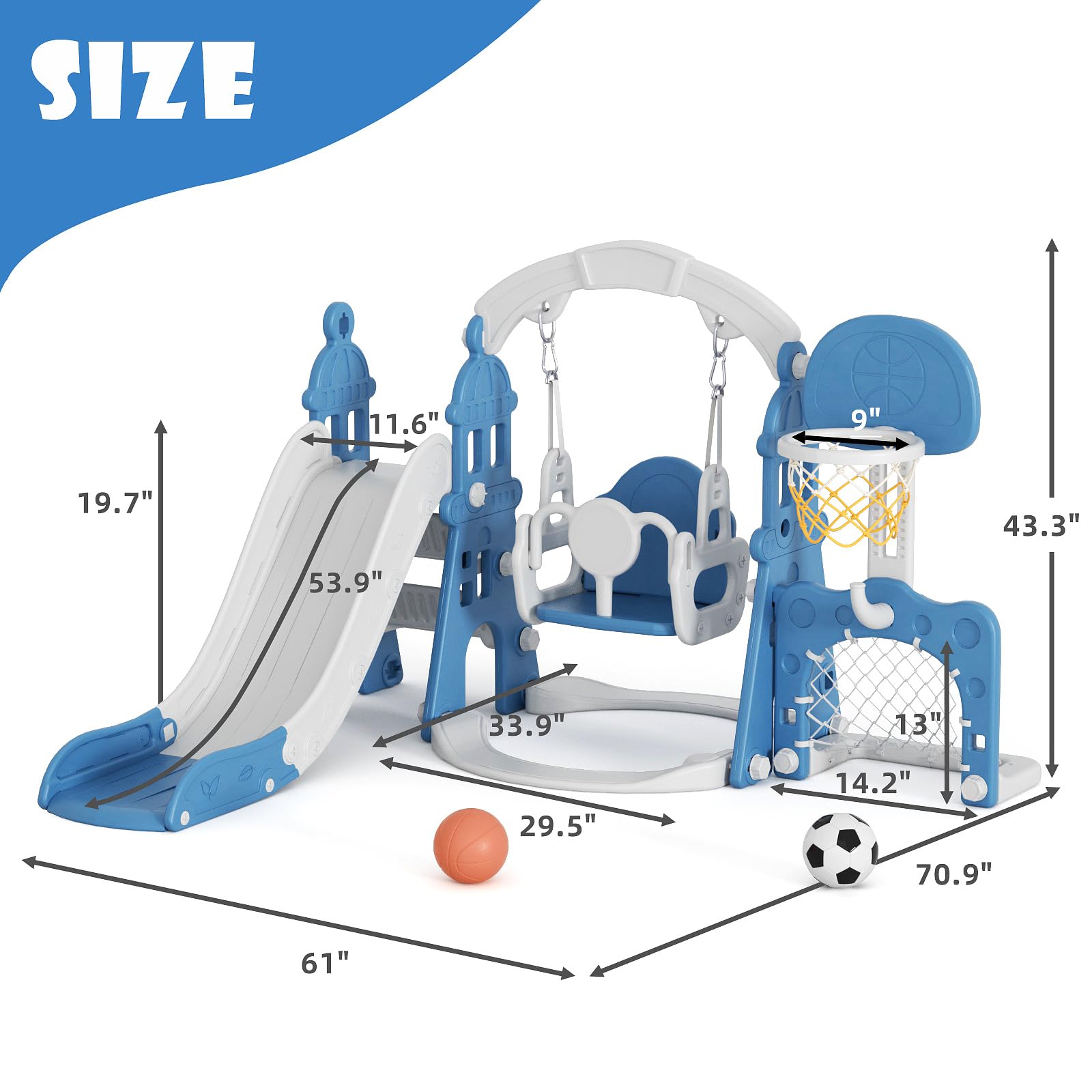 XJD 6-in-1 Toddler Slide and Swing Set for Kids Ages 1-3 - Outdoor Indoor Playground with Basketball Hoop, Football Frame & Swing - Blue | Perfect for Backyard, Garden, Nursery & Daycare Play Areas