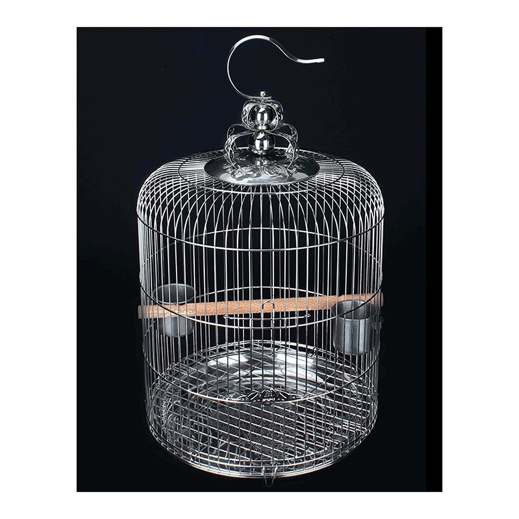 GXTYYDS Large Stainless Steel Round Bird Cage with Rolling Stand, Detachable Tray & Feeder - Portable Flight Cage with Hook for Parrots, Cockatiels (Silver) | Perfect for Home, Garden & Pet Store Display