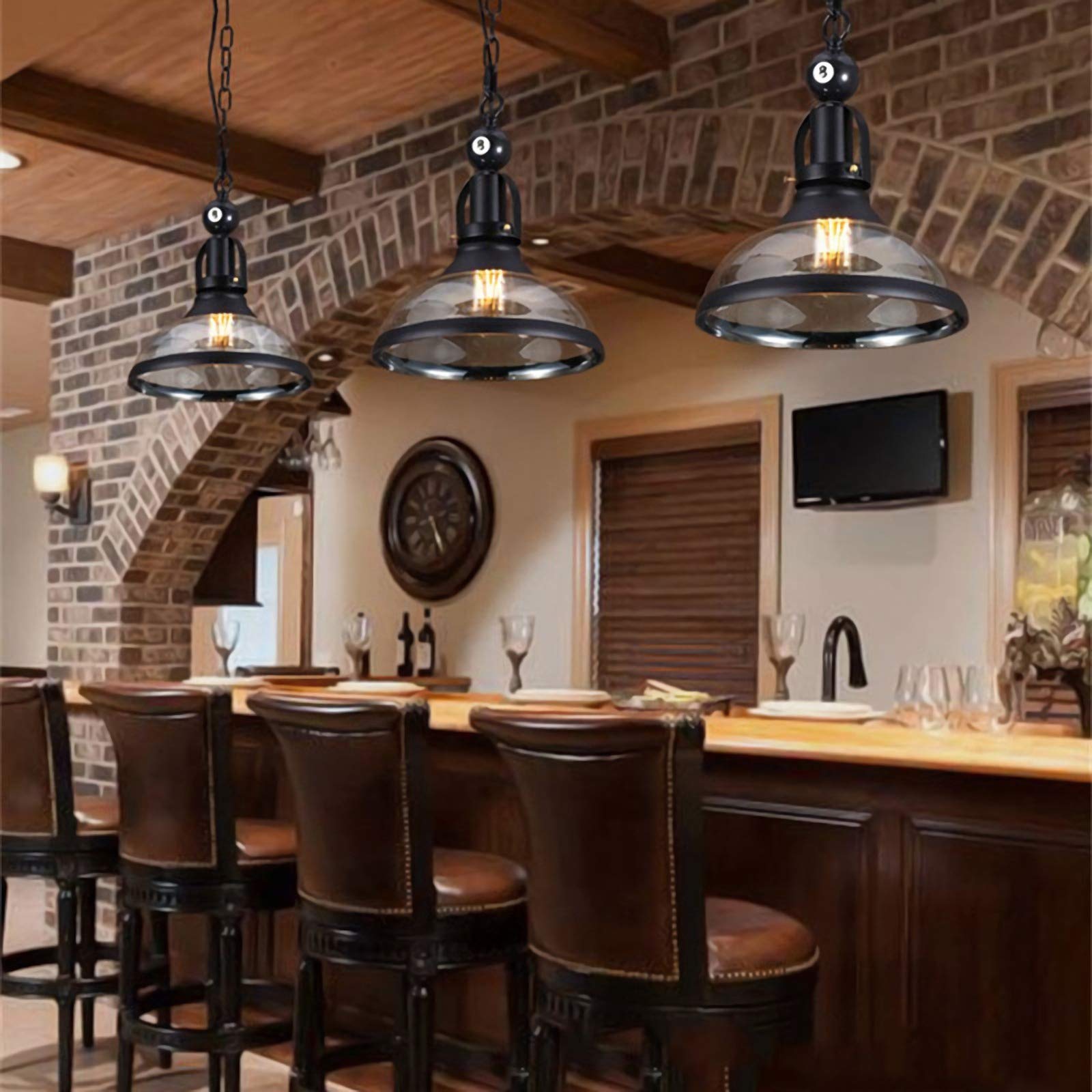 Pool Table Lights & Billiard Lighting - Farmhouse Chandelier with 3 Head Industrial Iron Fixture, Glass Lampshade for Kitchen, Bar & Game Room Decor | Perfect for Billiards, Pubs and Home Entertainment Spaces