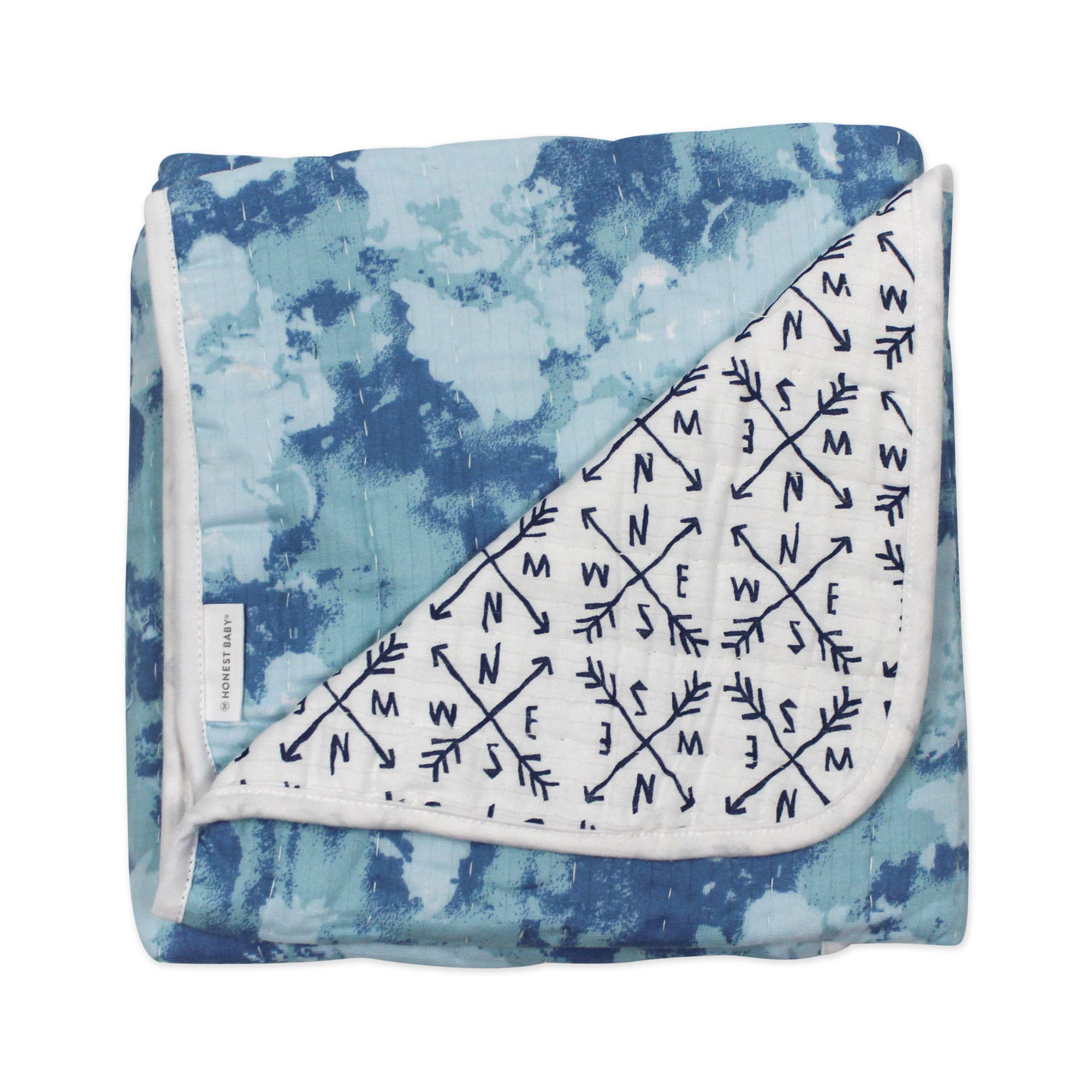 HonestBaby Quilted Baby Blankets - Reversible Organic Cotton Blanket for Infant Boys & Girls | Unisex Watercolor World/Compass Design | Perfect for Nursery, Stroller & Swaddling | One Size