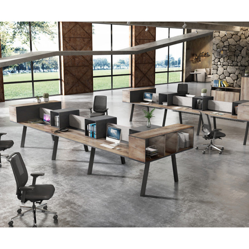 ARTO 6-Person Double-Sided Workstation Desk 5.0M in Warm Oak & Black - Perfect for Office, Conference Room & Collaborative Workspaces