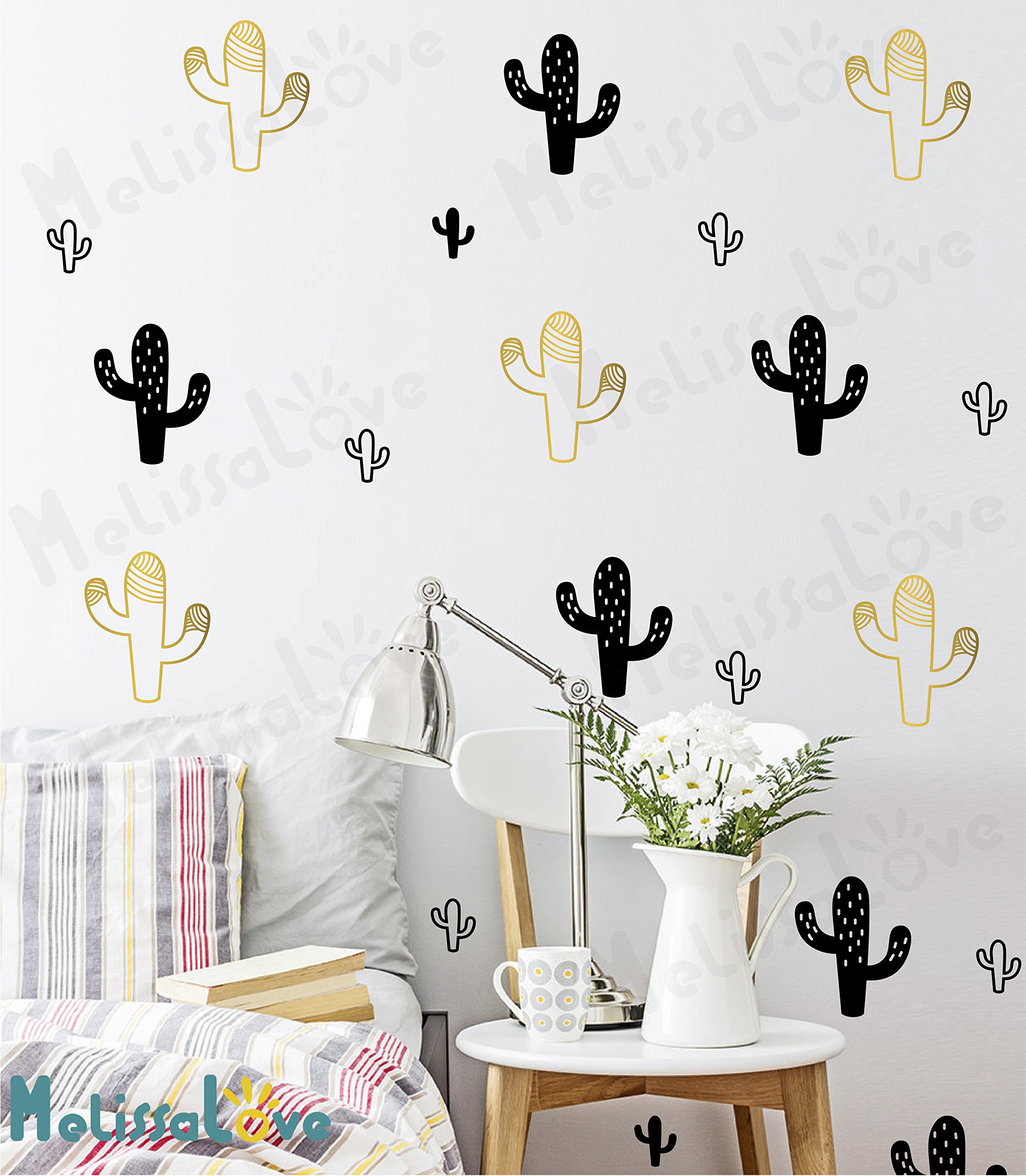Melissalove 92-Piece Cactus Wall Stickers Set - DIY Vinyl Wall Art Decals for Kids Room, Nursery & Home Decor - Gold (JW572) - Perfect for Bedroom, Playroom & Party Decorations