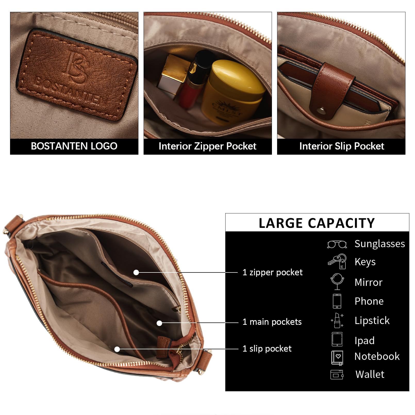 BOSTANTEN Vegan Leather Crossbody Bag for Women - Stylish Hobo Purse for Daily Use
