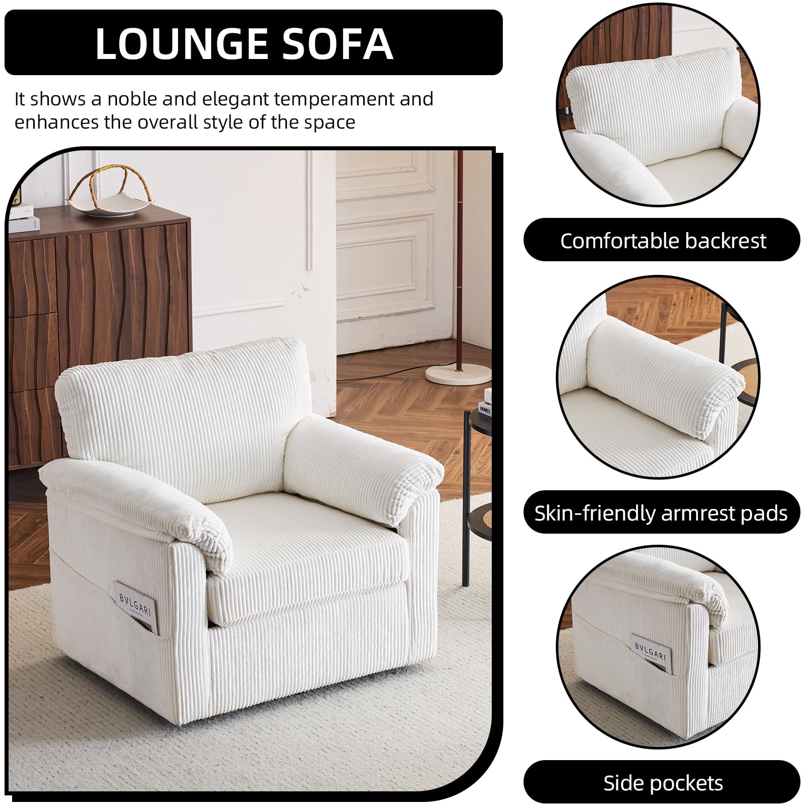 Modern 360° Swivel Accent Chair with Soft Corduroy Fabric - Compact Armchair for Small Spaces, Living Room, Bedroom & Apartment (Beige) - Perfect for Reading Nooks, Home Offices & Cozy Relaxation