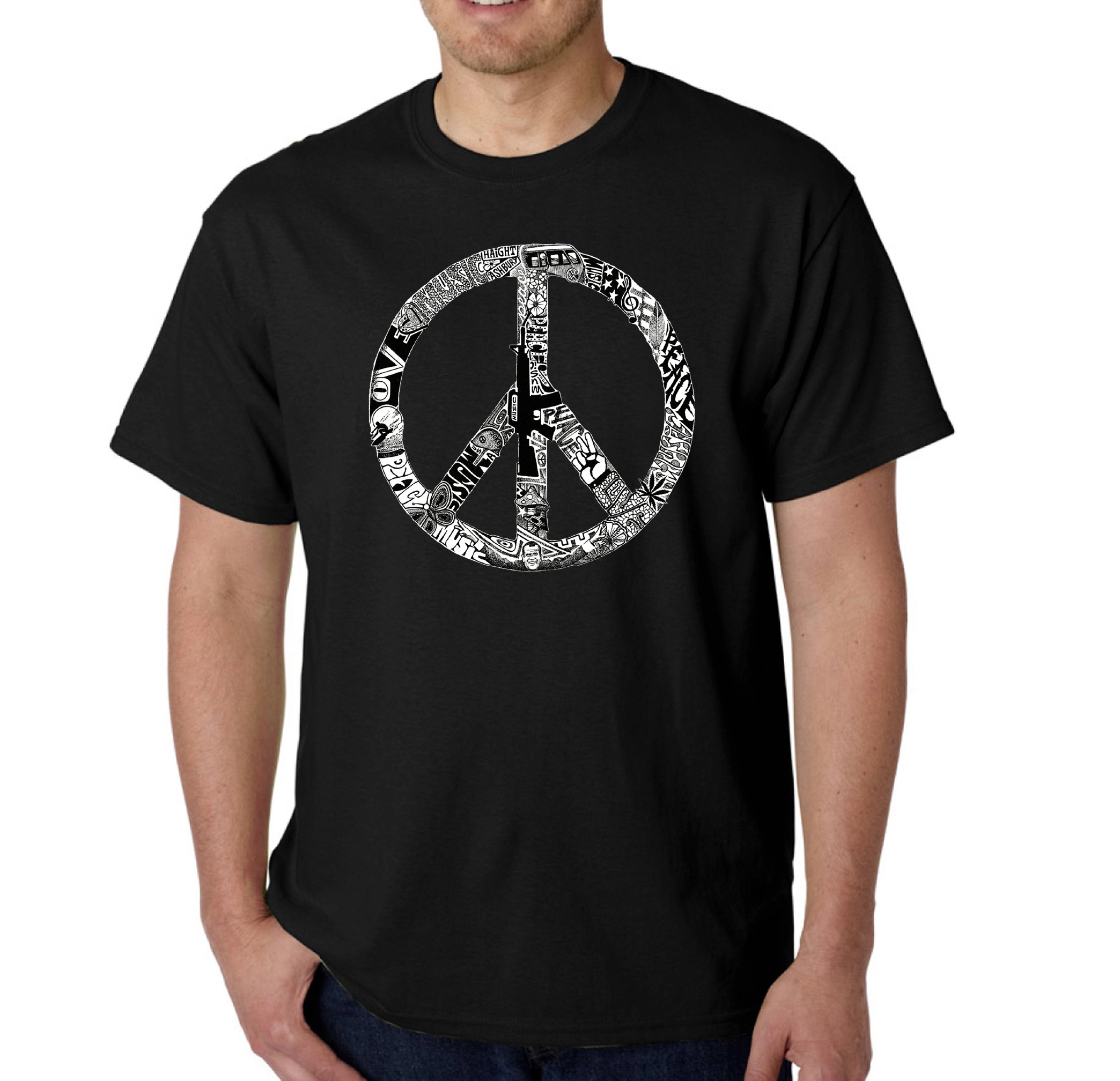 LA POP ART Men's Word Art Graphic T-Shirt - Peace, Love & Music Design | Casual Streetwear for Concerts & Music Festivals