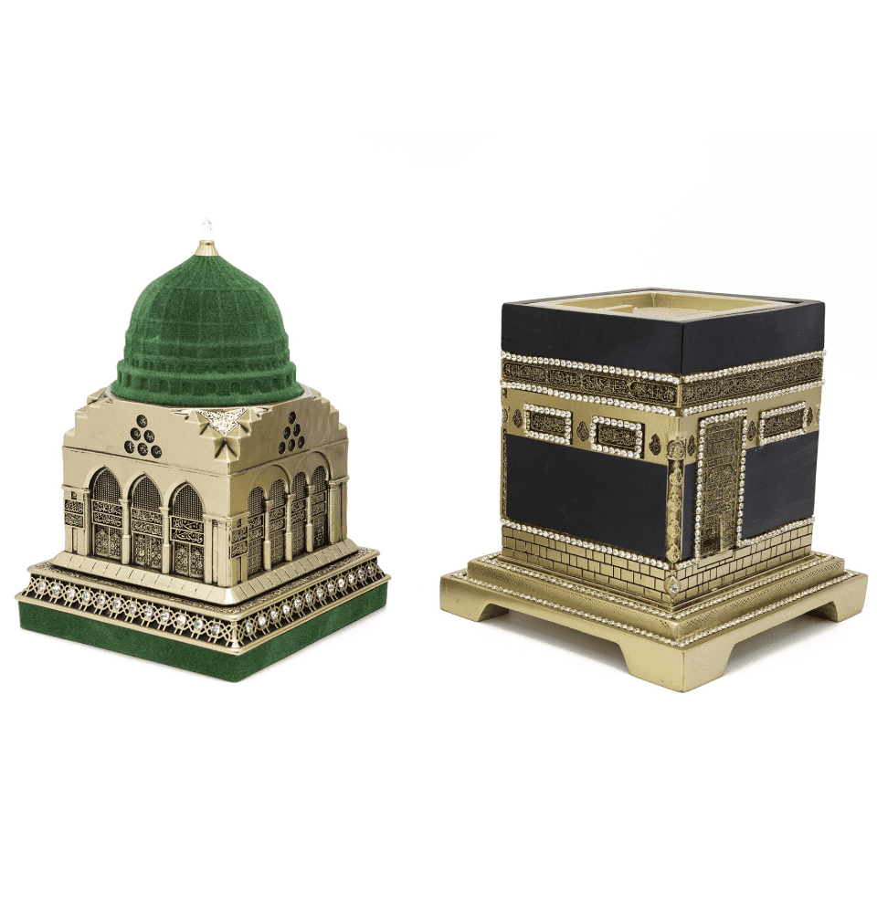 2-Piece Islamic Table Decor Set - Al Masjid an Nabawi & Kaba Replica in Gold | Perfect for Ramadan, Eid Gifts & Home Decoration