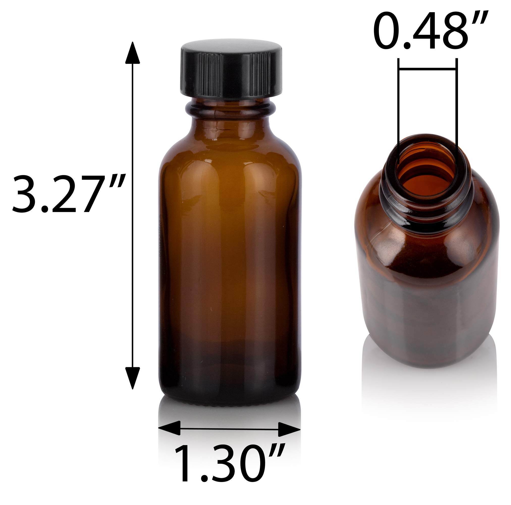 JUVITUS 1 oz (30 ml) Amber Glass Boston Round Bottle with Airtight Phenolic Cap - 24 Pack + Free Funnel - Essential Oil, DIY Beauty, Herbal Tincture Storage Solution for Home & Travel