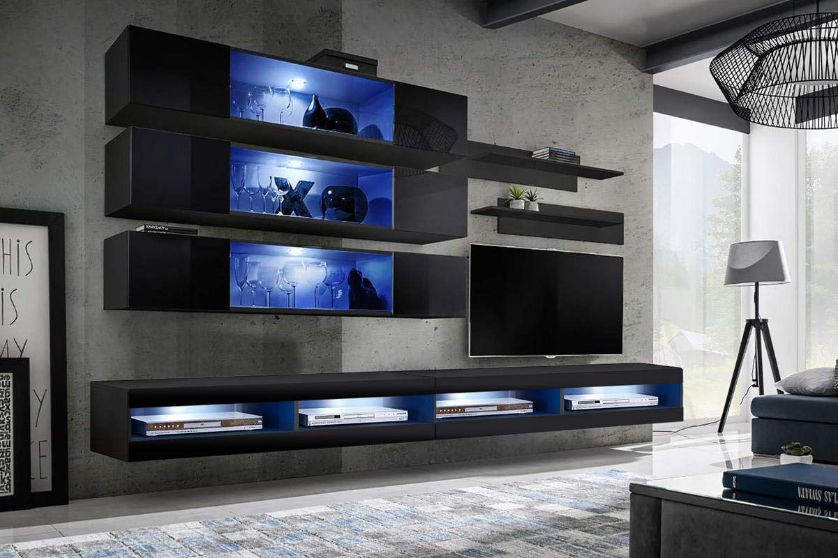 Modern Floating TV Stand with Storage & LED Lights - Wall-Mounted Entertainment Center Console for Bedroom & Living Room - Space-Saving TV Shelf Unit with Adjustable Shelves - Perfect for Small Apartments & Home Theater Setup - Black