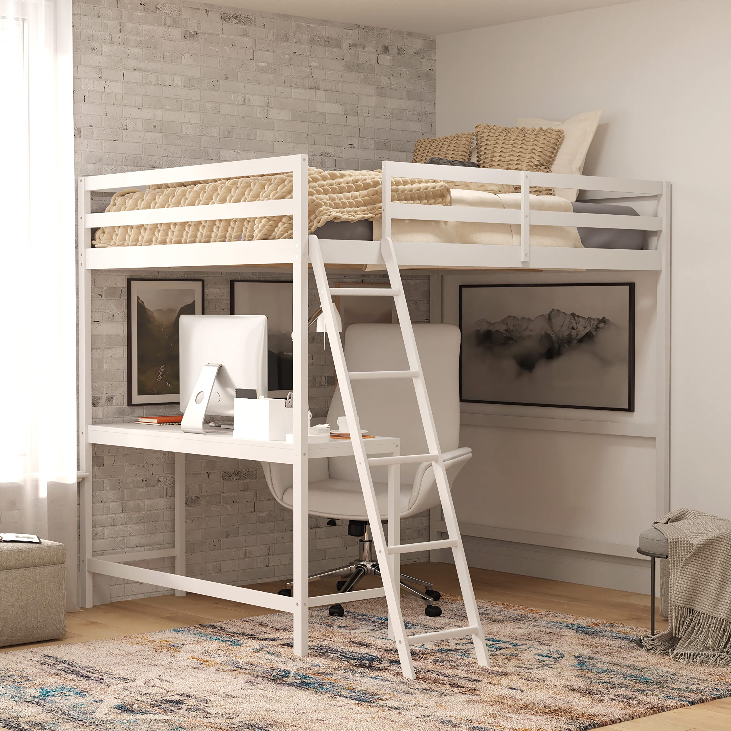 White Full Size Loft Bed Frame with Desk & Wood Slats - Sturdy Protective Guard Rails & Space-Saving Ladder - Perfect for Kids & Teens Bedrooms - Ideal for Small Spaces & Dorm Rooms