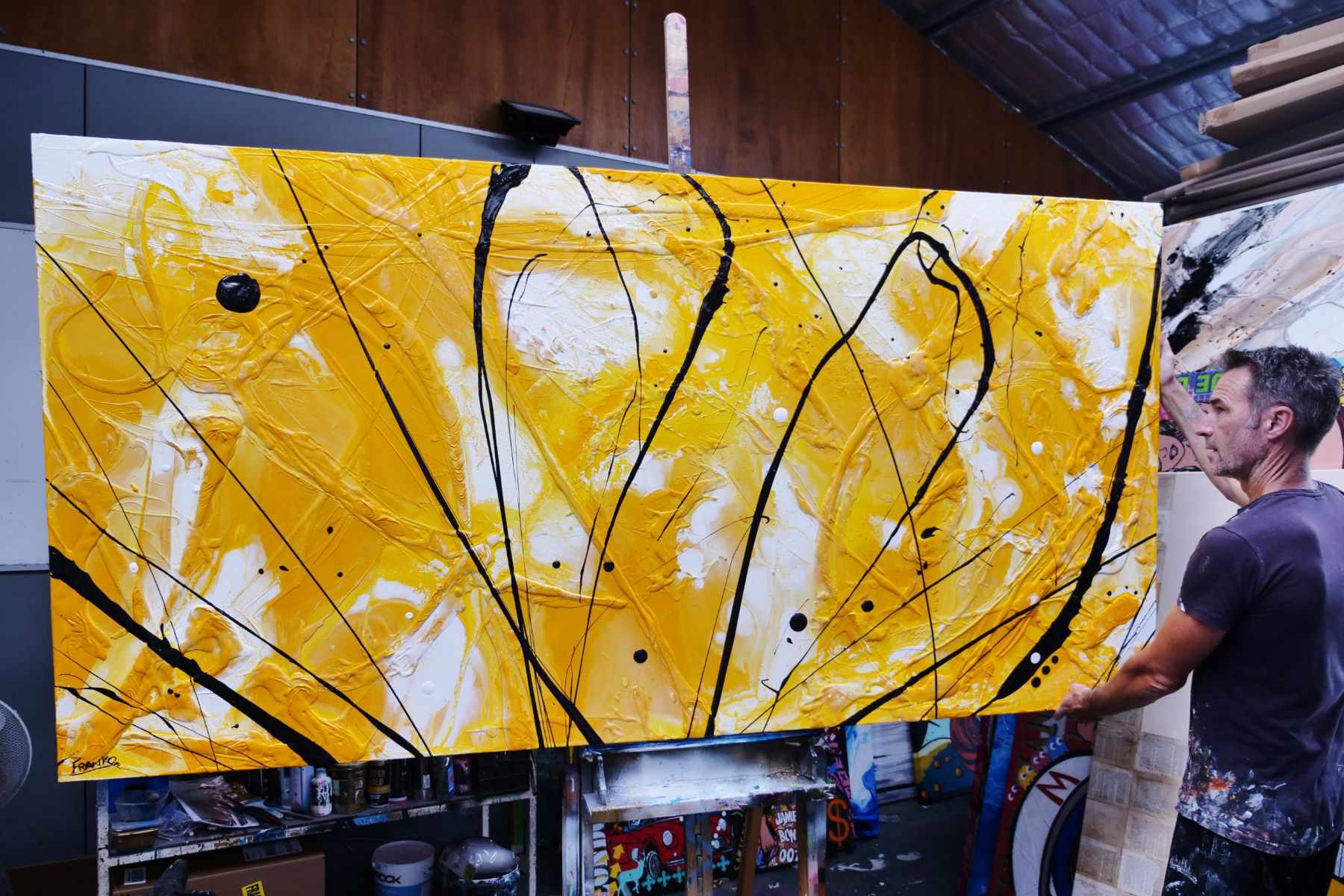 Golden Bandit 240cm x 120cm Yellow White Black Textured Abstract Canvas Wall Art - Modern Home Decor for Living Room, Bedroom & Office