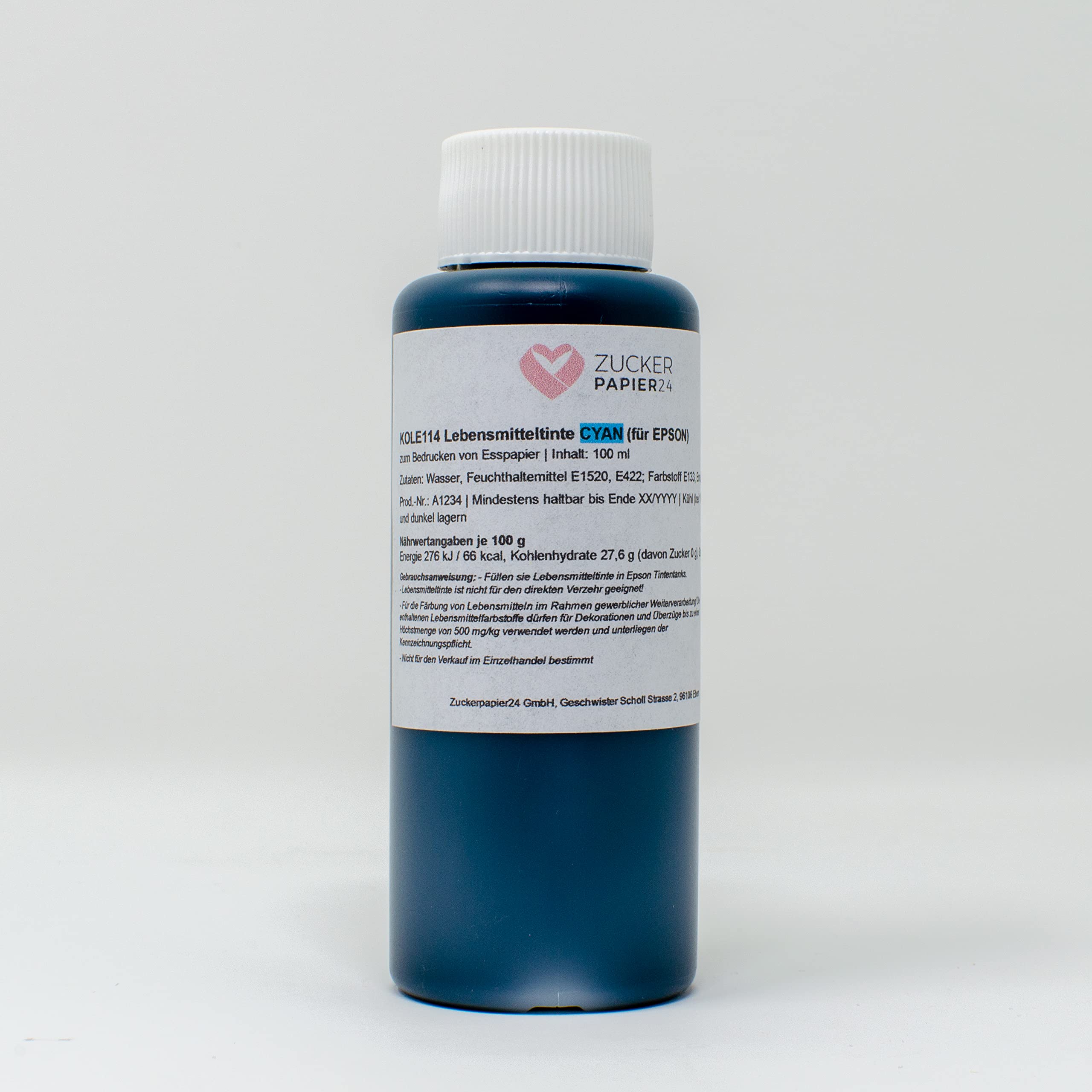 Zuckerpapier24® Food-Grade Ink – 100ml Cyan Ink Cartridge for Canon Printers – Safe for Cake Decorating, Candy Printing & Edible Crafts [KOL114]
