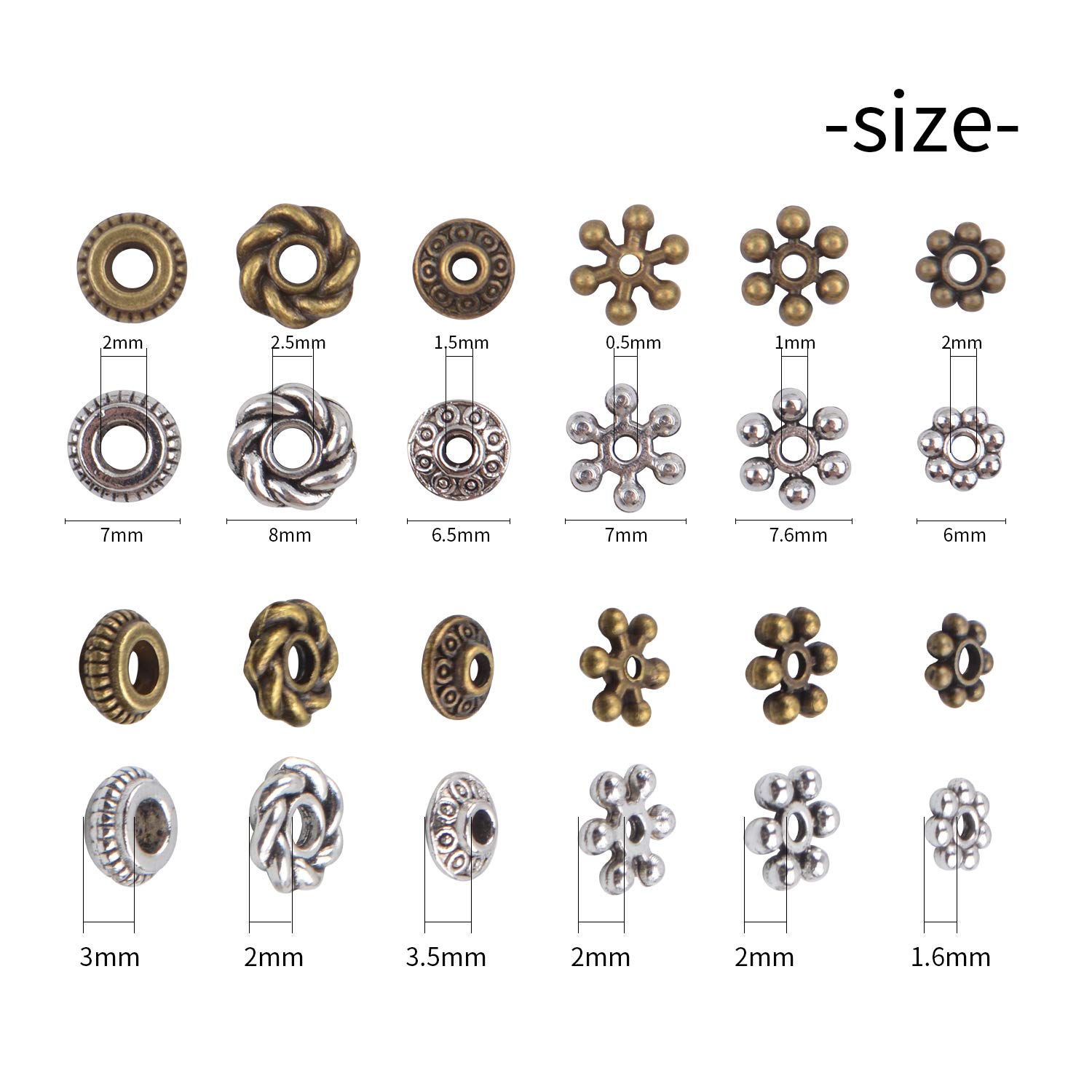 300pcs Tibetan Spacer Beads for Jewelry Making - Alloy Bead Charms in 6 Styles (Antique Silver & Bronze) - Perfect for DIY Bracelets, Necklaces & Boho Jewelry Designs