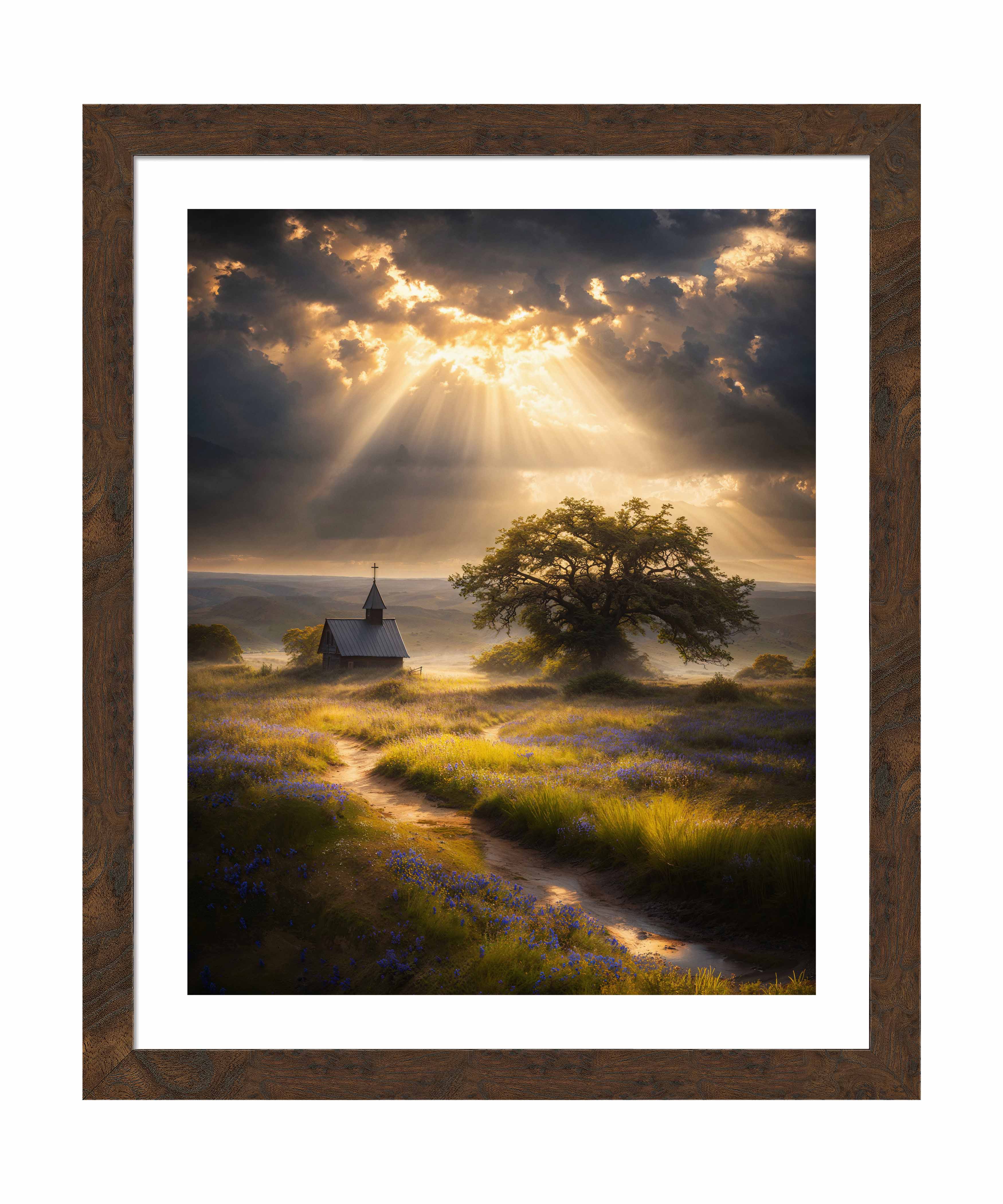 Celestial Rays Over Lone Star Landscape Art Print - Stunning Wall Decor for Living Room, Bedroom & Office