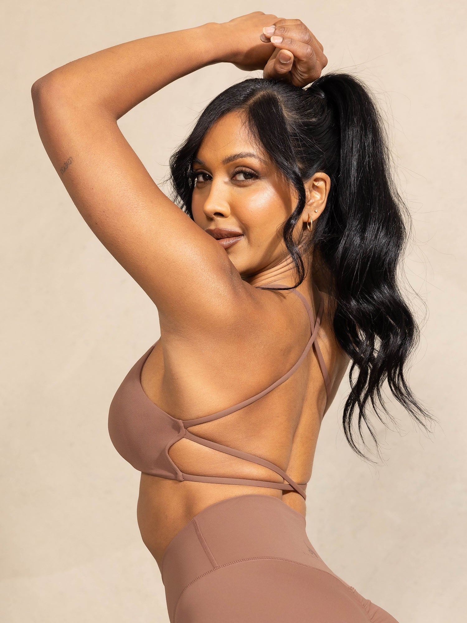 NKD Embody Sports Crop Top for Women - High Performance Workout Shirt, Moisture Wicking & Breathable, Mocha Brown - Perfect for Yoga, Gym & Running